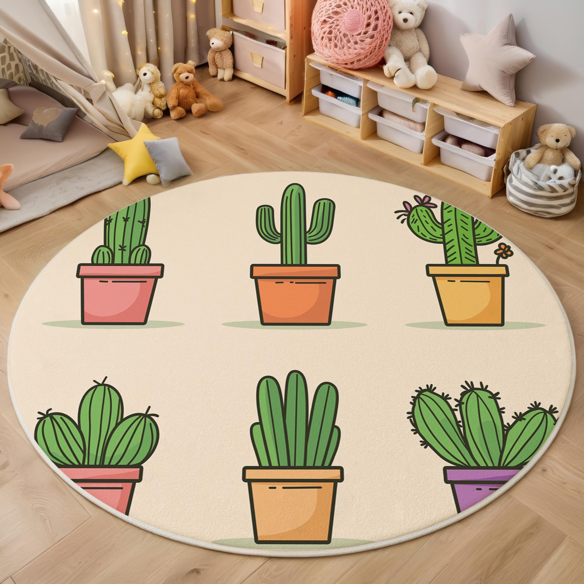 Tapis rond antidérapant et lavable en machine de 200cm à motif cactus doux