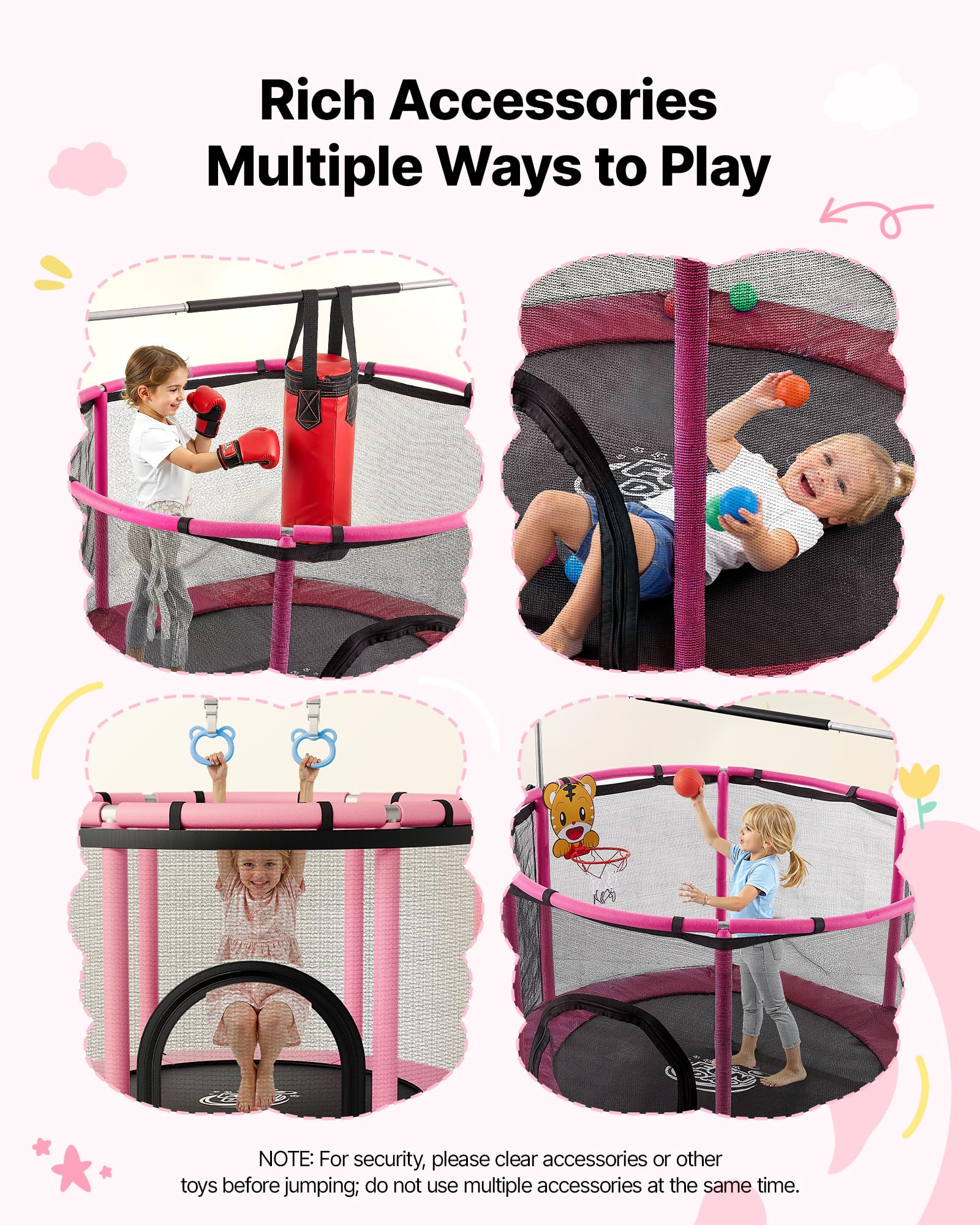 VEVOR Trampolino Elastico per Bambini 142 cm Carico 60 kg Rete Protezione, Giocattolo per Divertimento Esercizio Bambini da Interno Esterno Barra Regolabile, Trampolino Uso Domestico, Colore Rosa