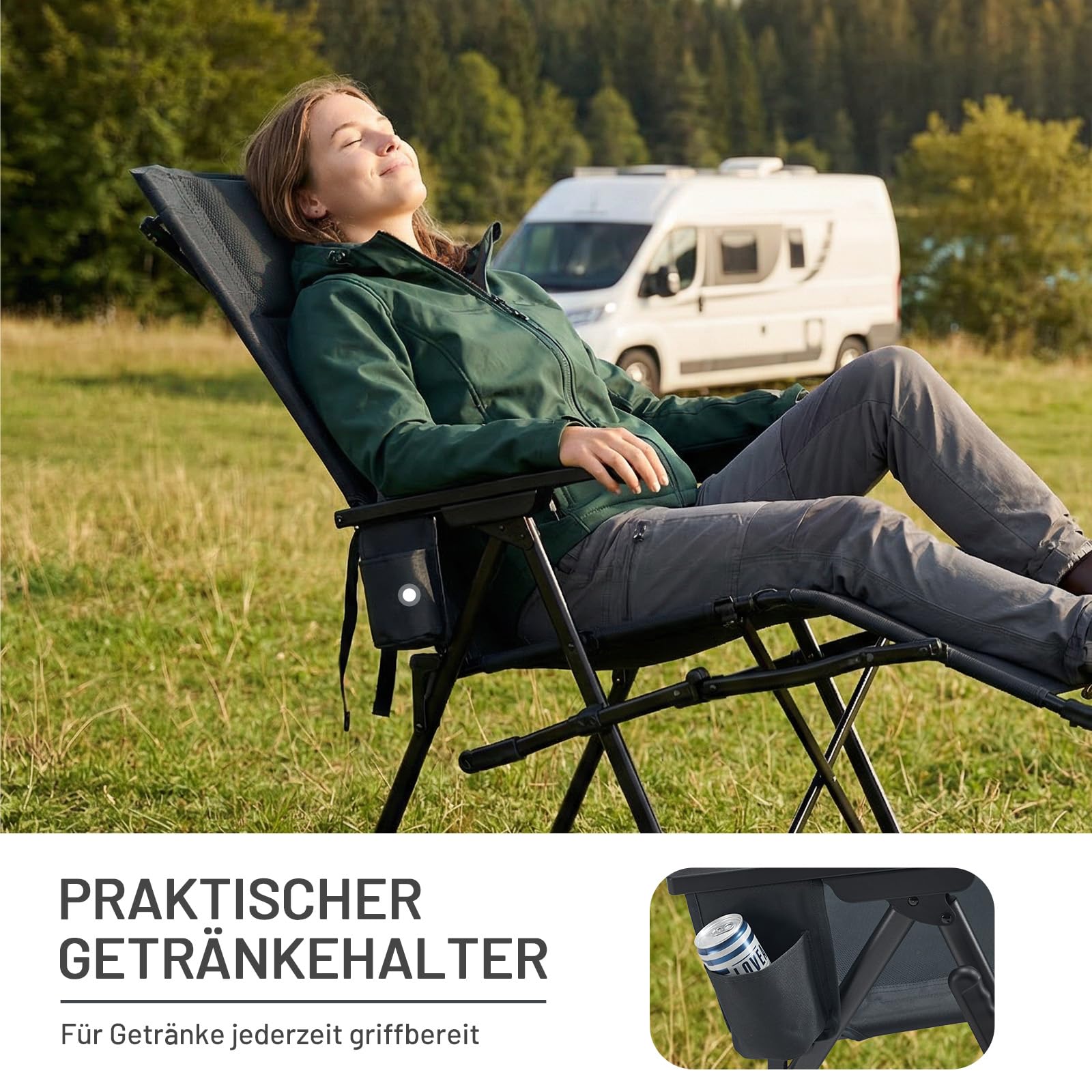 TIMBER RIDGE Faltbarer Campingstuhl mit Fußablage 4-Fach Verstellbarer Rücken Gartenstuhl gepolsterter Sitzfläche 150kg Belastbar Relaxsessel Garten Camping Balkon Wohnmobil