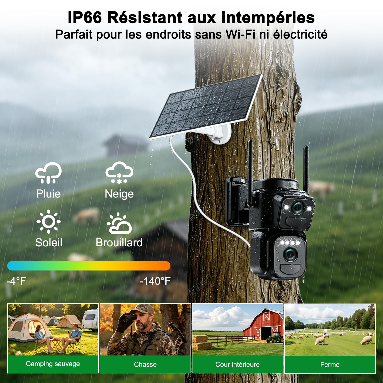 4K Telecamera da Esterno Senza Fili con SIM 4G LTE,con Pannello Solare | Doppio Obiettivo,AOV 24/7,Audio Bidirezionale,Videocamera Sorveglianza,Visione Notturna a Colori,Rilevamento Umano PIR,IP66