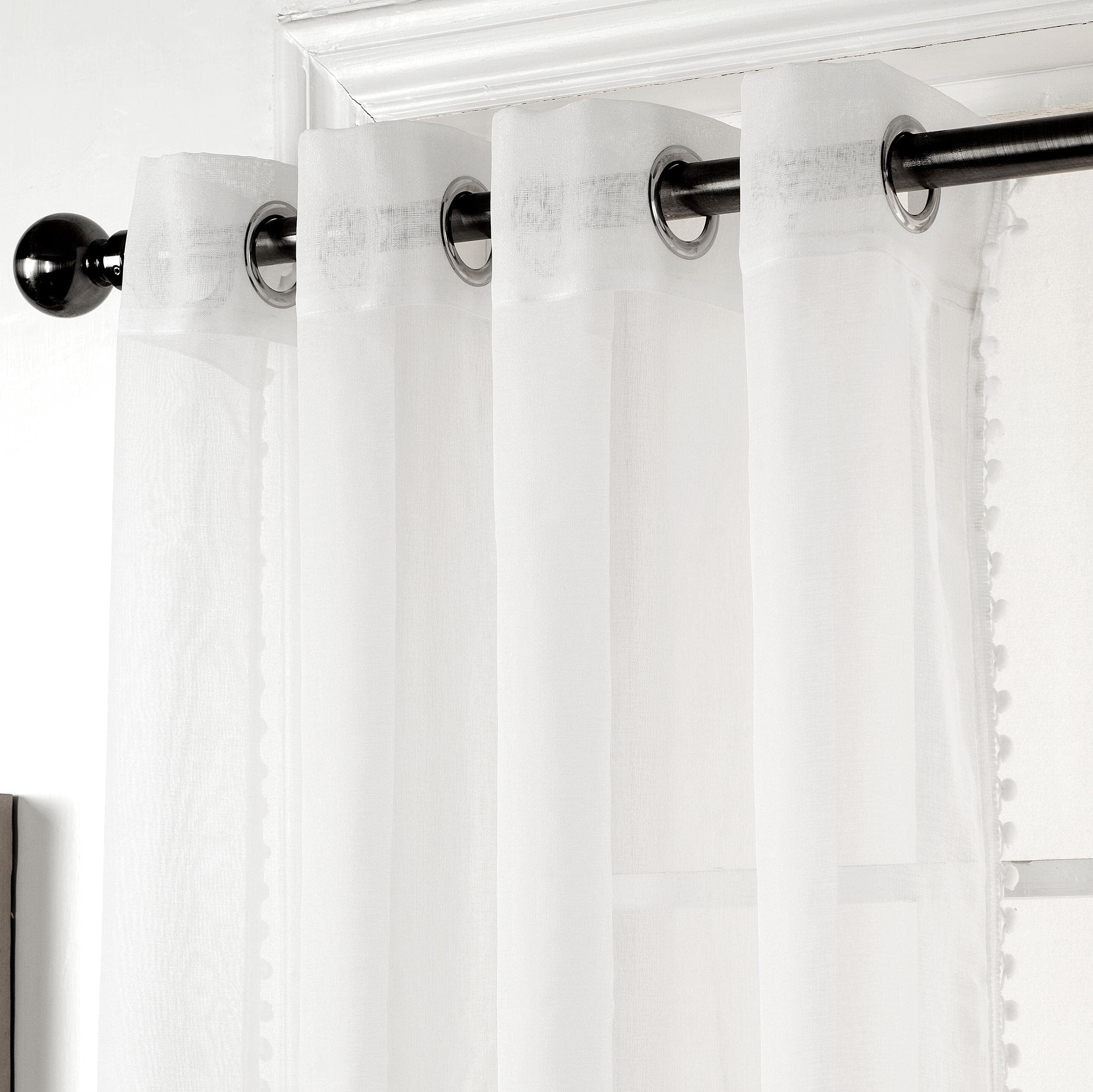 Amania Trading Ltd White POM POM Eyelet Ring Top Header Linen Look Sheer Voile Children Modern Curtain Panels 54" (137cm) Drop