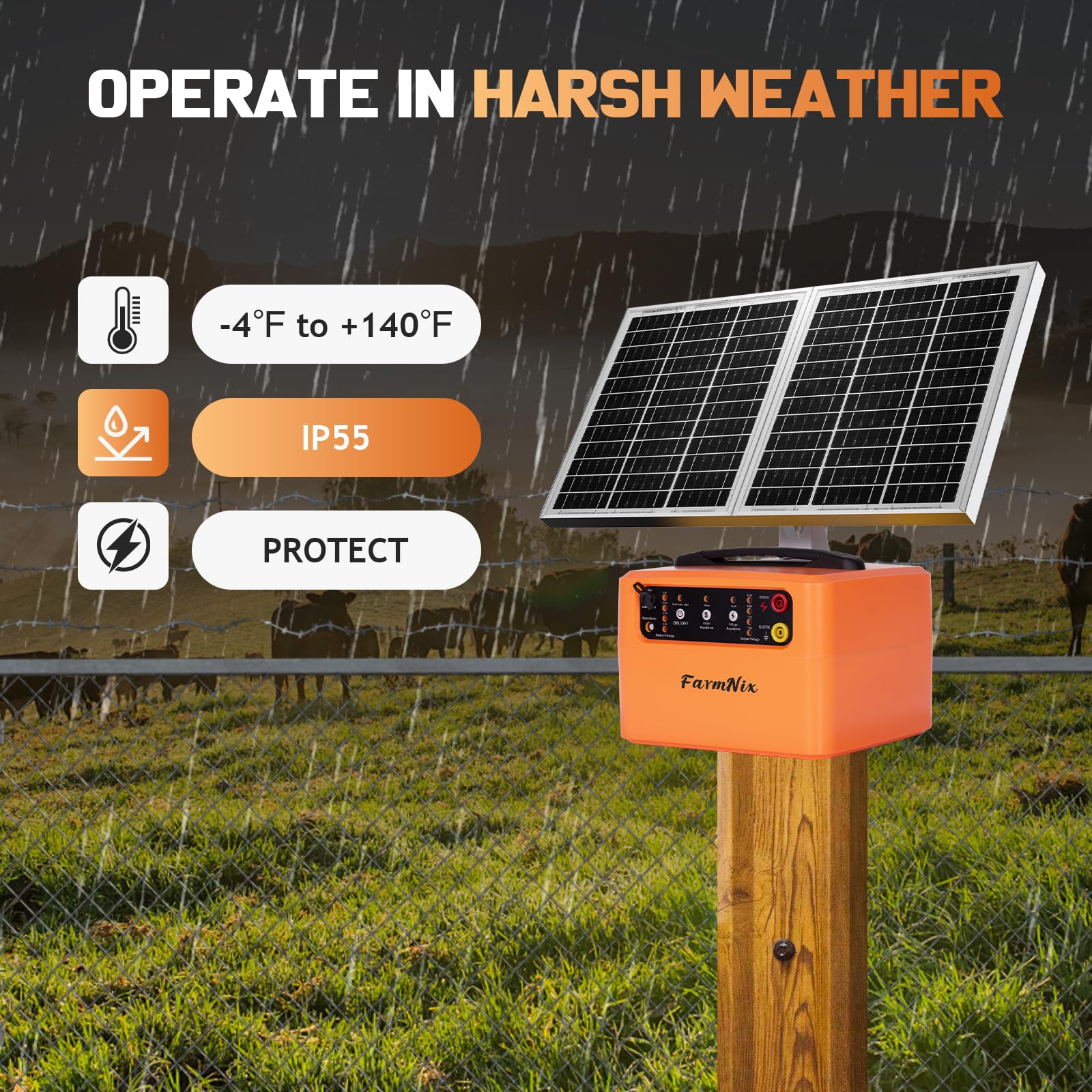 48KM Weidezaungerät Solar, 0.3-1.5J, 6KV-12KV Einstellbar Elektrozaungerät，inkl. 15W-Solarpanel, 12V 7Ah Blei-Akku & Erdungsset für große kleine Tiere