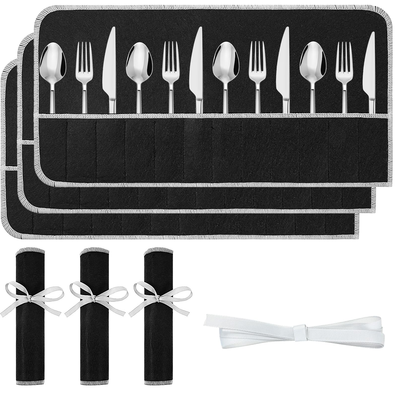 Photo 1 of guduling 3 Pcs Silver Storage Bags Roll,Anti Tarnish Silverware Storage,with White Ribbon, 12 Slot Silver Storages, Cutlery Sleeves Bags for Kitchen Utensil Teaspoon, Stiff Fabric