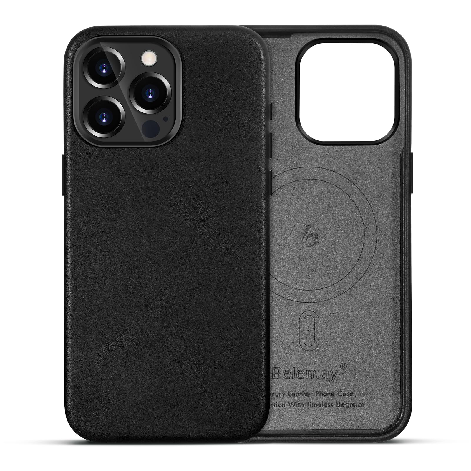 Belemay for iPhone 14 Pro Max Leather Case Compatible with MagSafe, Full-Grain Vegetable-Tanned Leather, Metal Buttons & Camera Bezel - Slim Fit&Sleek - Luxury Phone Cover (6.7-inch)-Black