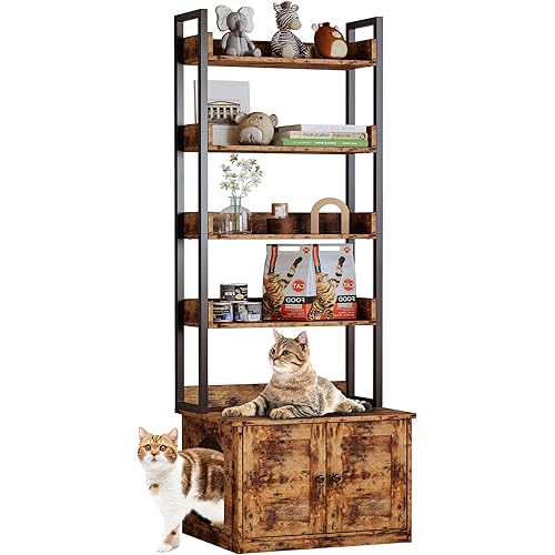 IRONCK Litter Box Enclosure with 4 Shelves and Doors, Indoor Cat House Furniture for Most of Litter Box, Vintage Brown