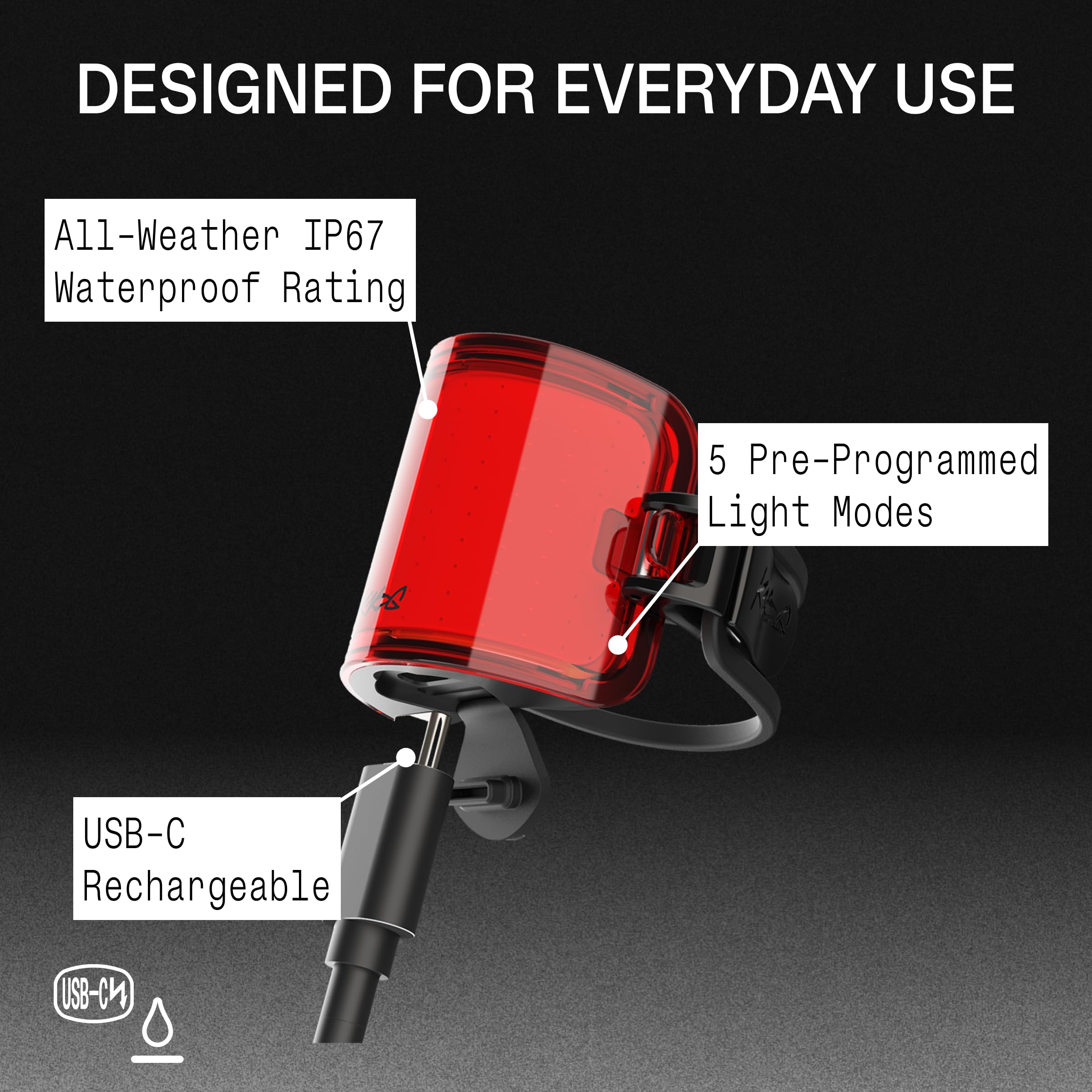 Knog Cobber Mini éclairage arrière USB-C rechargeable pour vélo 75 lumens | Feu arrière de 75 lumens avec visibilité à 330 °, charge USB-C, étanchéité IP67 et jusqu'à 75 heures d'autonomie