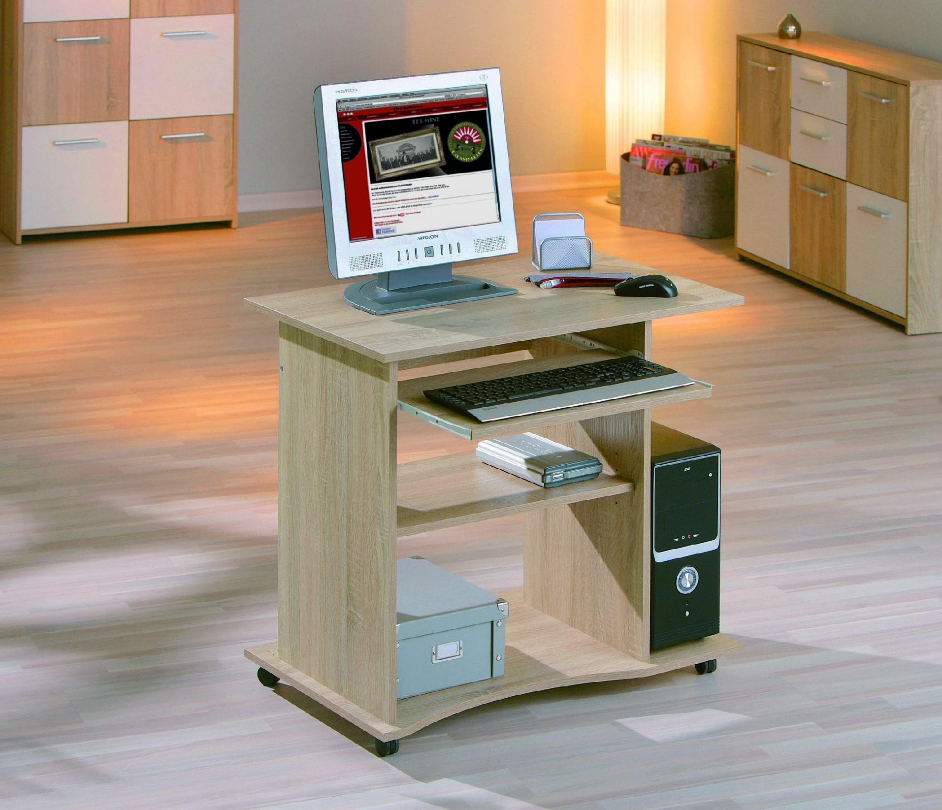 Inter Link – Schreibtisch – Laptoptisch – Computertisch - Auf Rollen – Ausziehbare Schublade – Mini Bürotisch – Laminatbeschichtet – 80 x 50 x 75cm - Sonoma Eiche Nachbildung– Durini