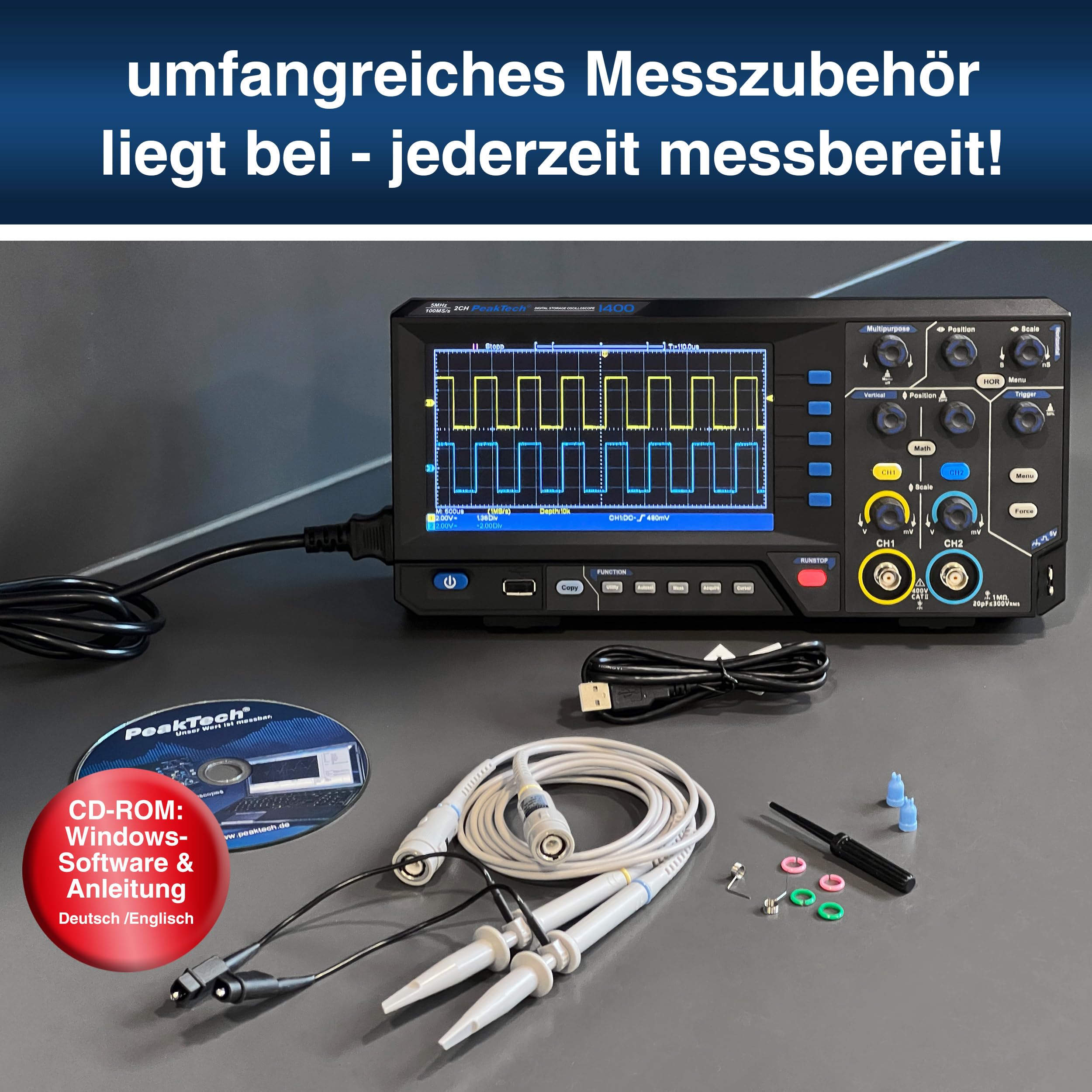 PeakTech P 1404 - Digital Oszilloskop 2 Kanal [3 Jahre Garantie] 100 MHz, 1GS/s, USB Schnittstelle, PC Software, P 1404 Oscilloscope, Schwarz, USB Oszilloskop, Oszilloskop Multimeter