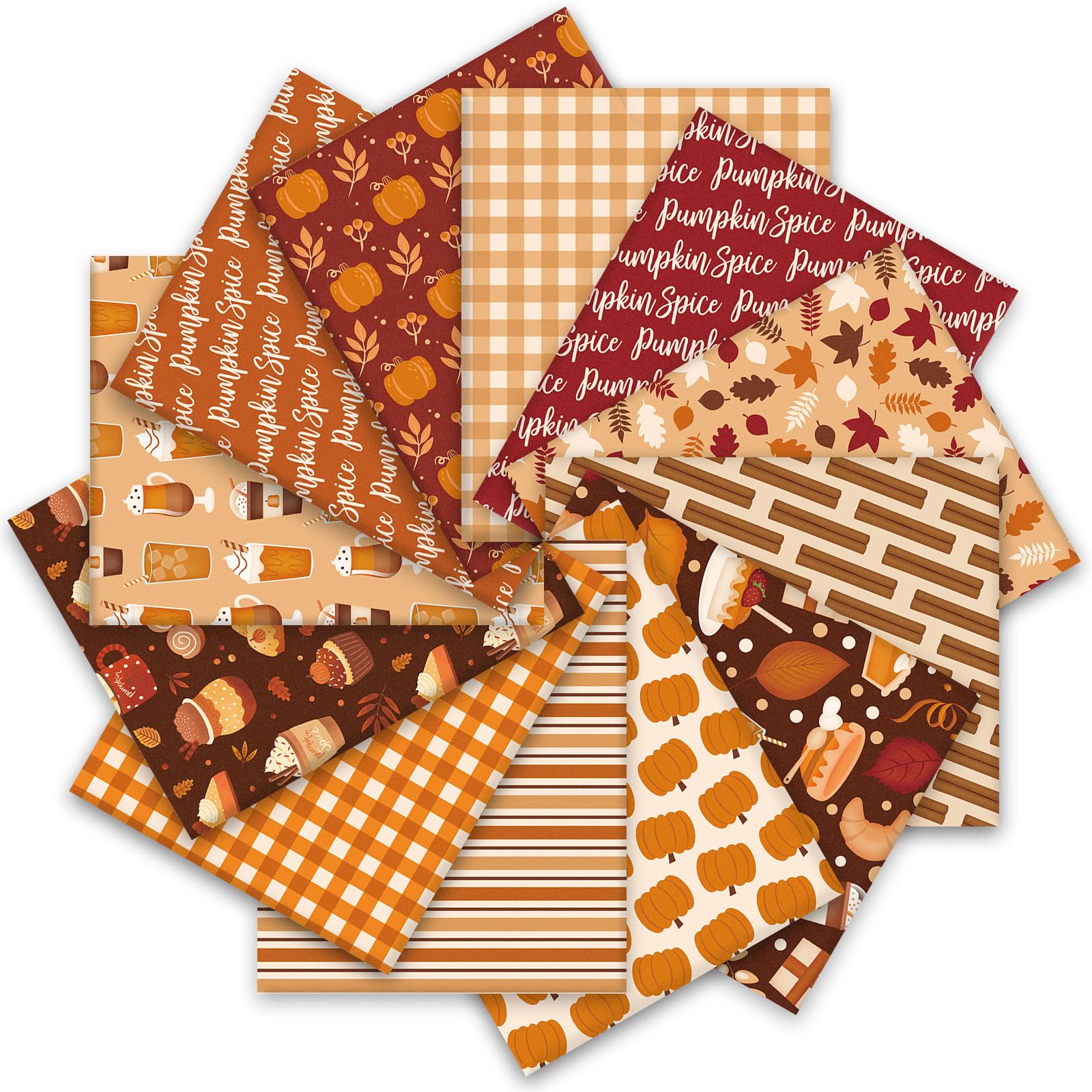 JarThenaAMCS - 12 paquetes de tela de algodón otoñal con diseño de hojas de arce, calabazas y bebidas, cuadrados de tela a cuadros de 10 x 10 pulgadas, telas pequeñas para coser para otoño, Acción de Gracias, manualidades, decoración de fiestas
