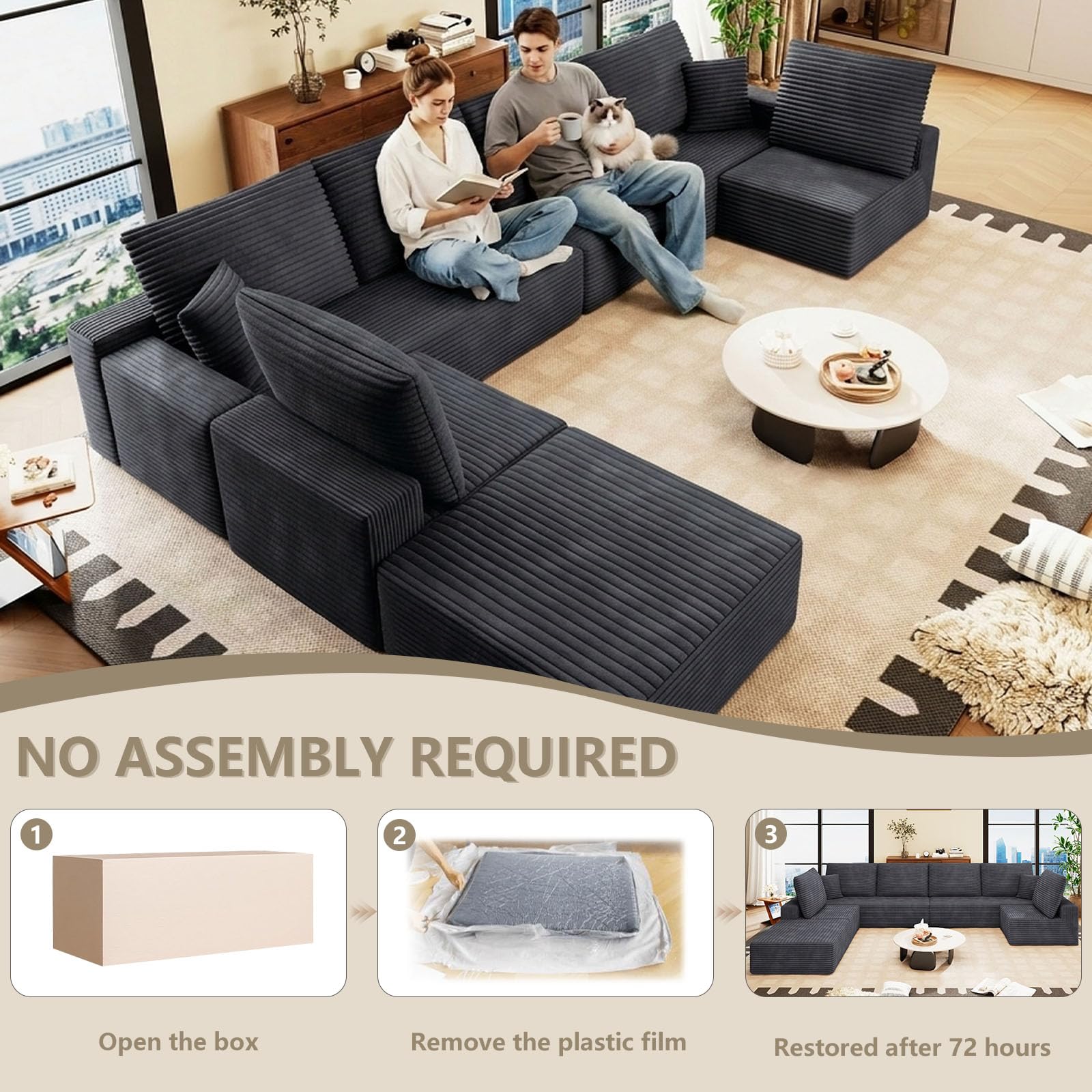 140.2 Cloud Sectional Couches for Living Room, Oversized Sectional Sofa with Ottoman, Modern Upholstered Deep Seat 7 Seater Large Boneless Couches for Apartment, Studio, Office, Dark Grey