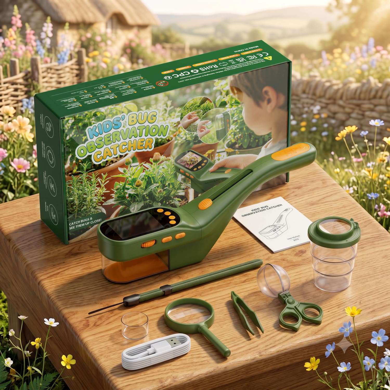Cattura Insetti Bambini, Microscopio 500X IPS 2,4" 1080P STEM | 4 livelli di luminosità, batteria da 1000 mAh, foto e video, giocattolo di ricerca all'aperto, regalo per bambini dai 3 anni