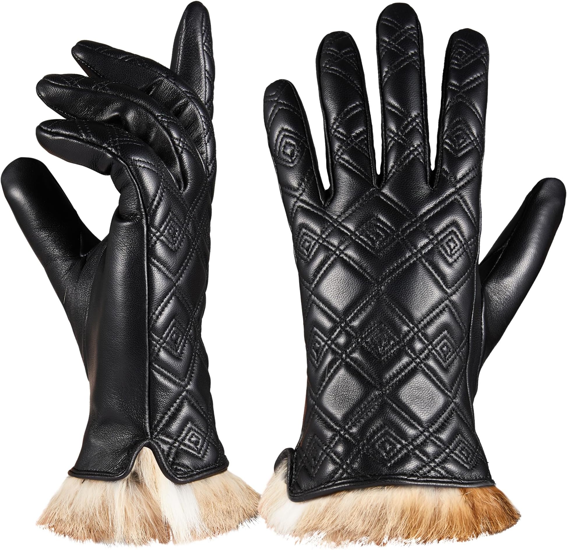 NYVEIL Winter Warm Leather Gloves for Women Cashmere Lined Rabbit Fur Cuffs Luxury Soft Touchscreen Driving Gloves