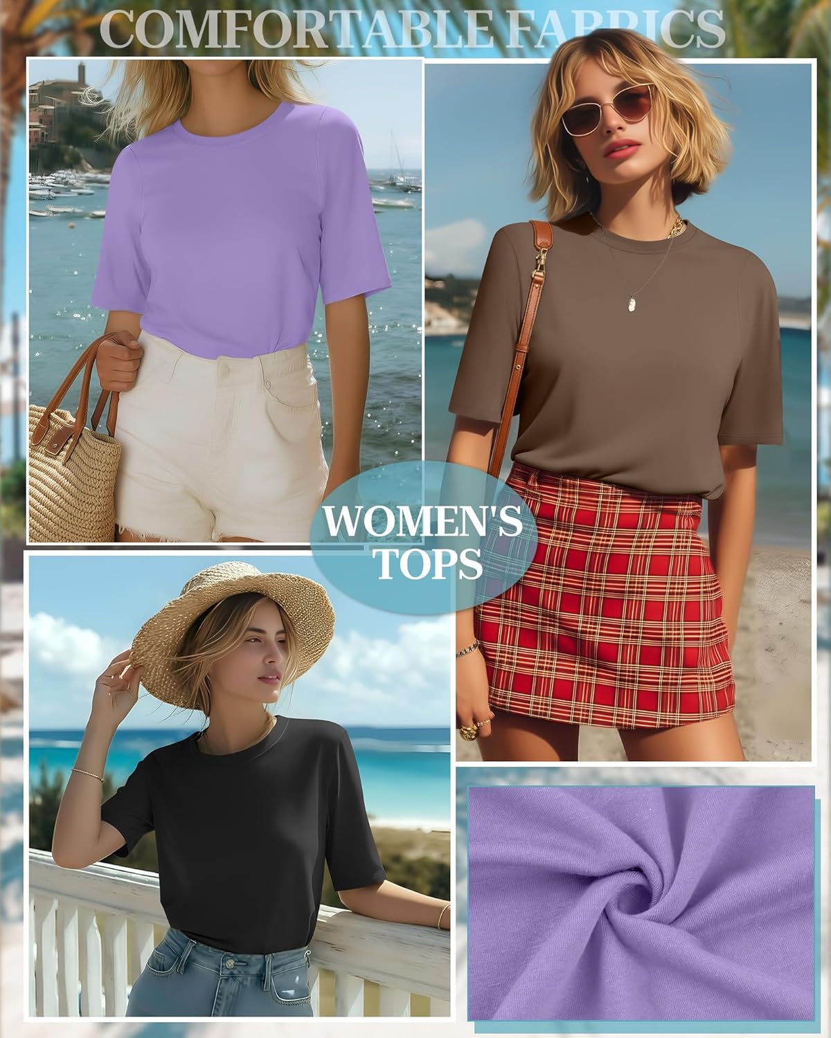 4 Pack Women's Half Sleeve T Shirts 1/2 Sleeve Basic Crew Neck Tops Elbow Length Casual Loose Fit Summer Tees(Large,Teal, Purple, Coffee, Black)