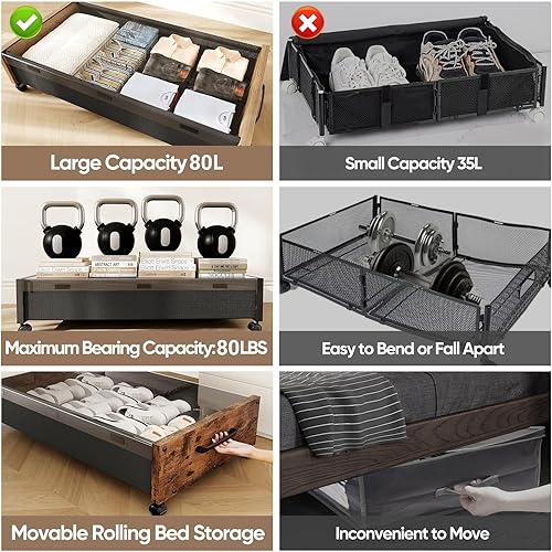 Miniatura 3 de Almacenamiento debajo de la cama con ruedas, 2 paquetes de contenedores de almacenamiento de madera extra grandes para debajo de la cama, cajones de