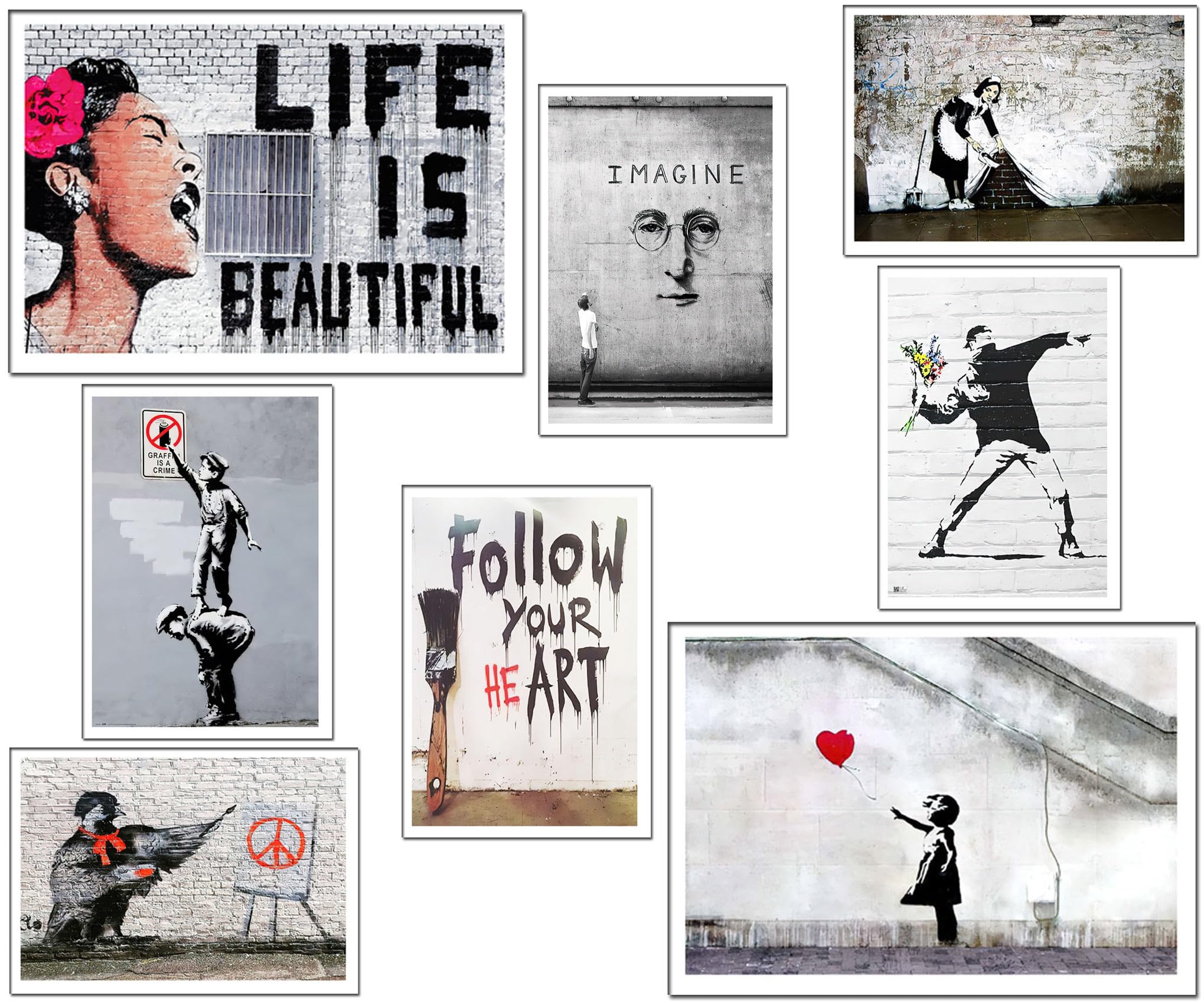 DKORARTE Set 8 láminas Decorativas Pared para Cuadros Decoración Salón Modernos, Dormitorios, Habitación, SIN Marco, Banksy (2x A3 (41 x 29,7 cm) ; 6x A4 (29,7 x 21 cm))