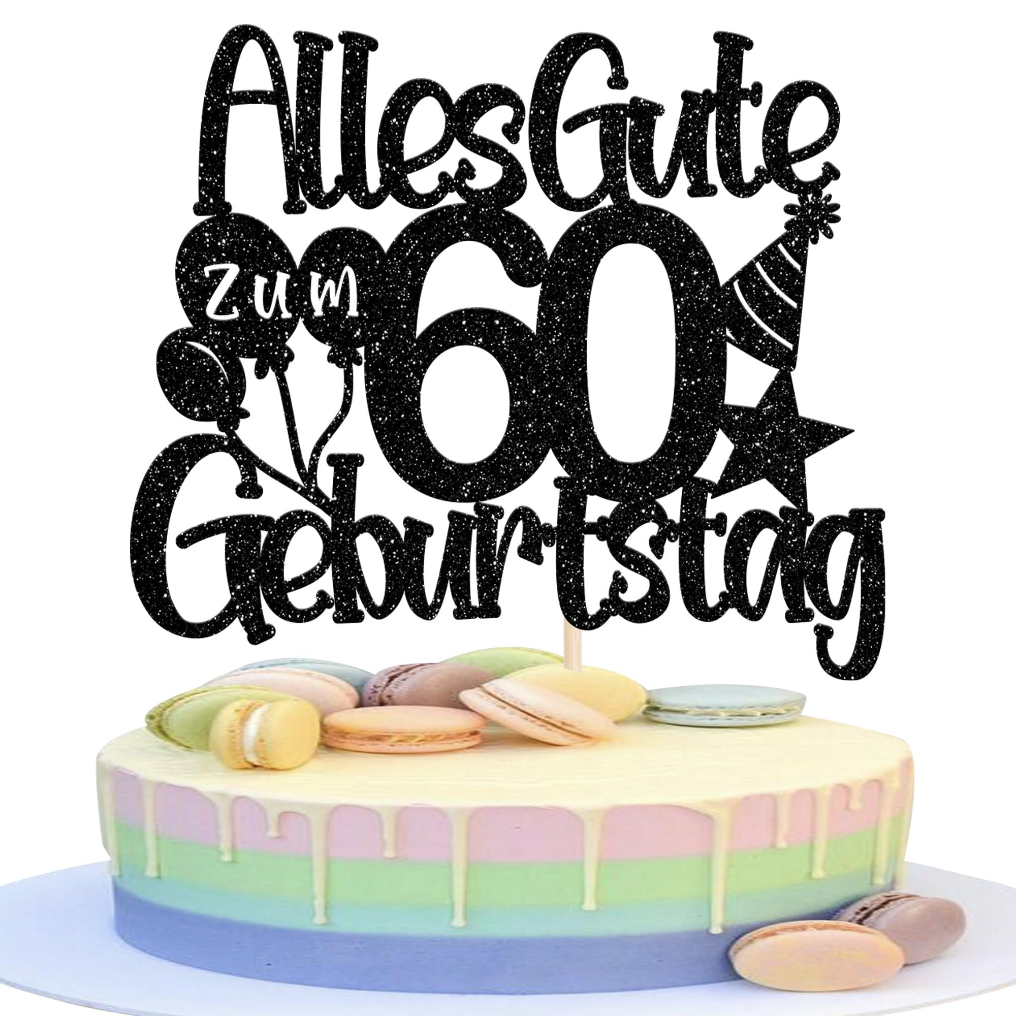 1 Stück Alles Gute zum 60 Geburtstag Tortendeko 60th Luftballon Hut Muster Kuchen Deko Happy Birthday Cake Topper für 60th Geburtstag Jahrestag Party Kuchen Dekoration Schwarz