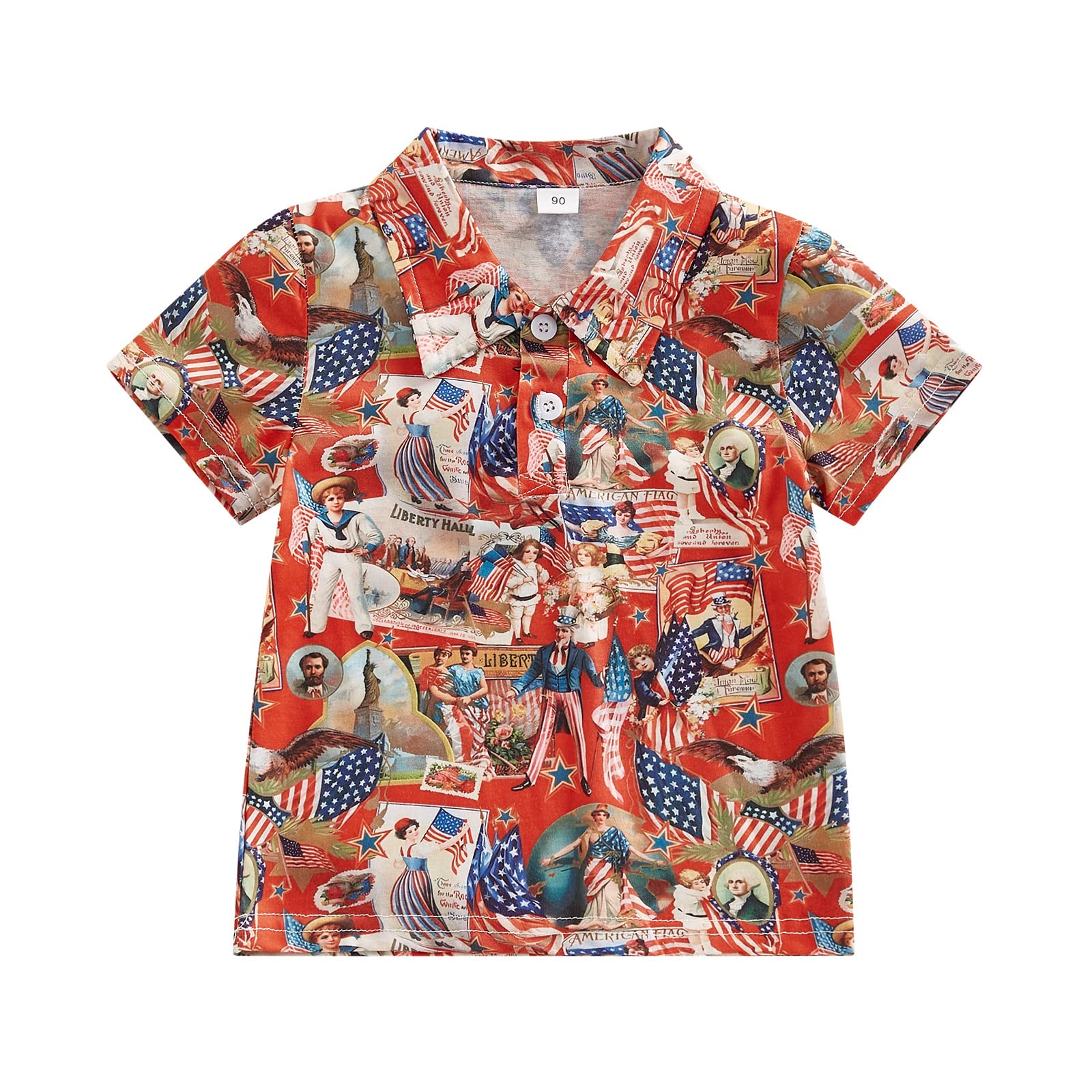 4th of July Baby Boy Outfits American Flag Print Short Sleeve Lapel Shirt Tops Toddler Kids Boys Summer Clothes (Red,5-6 Years)