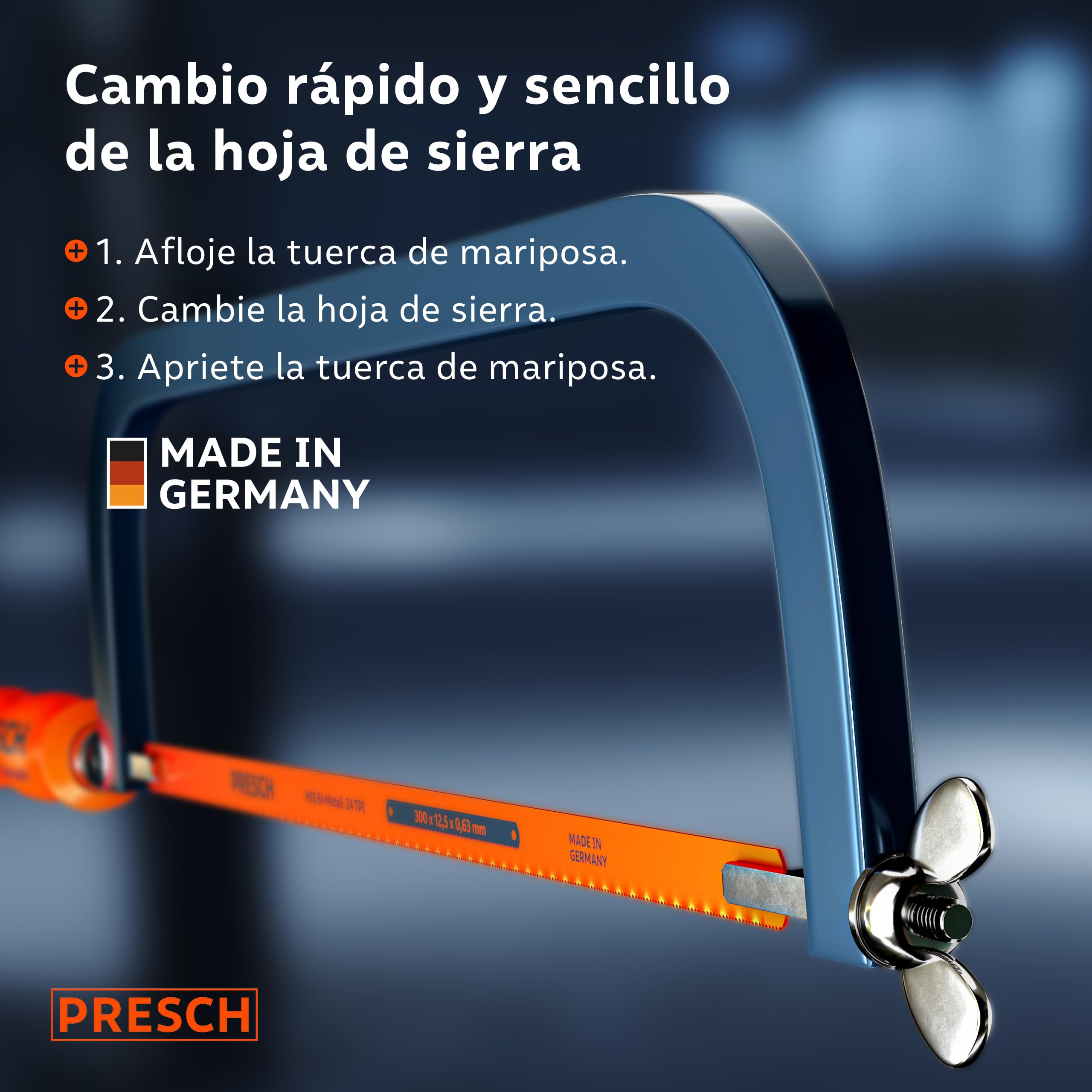 Presch Sierra de metal 300mm - Con hoja BI-metal para un corte preciso - Rotación de 90° de la hoja de sierra para cortes horizontales y verticales - Cambio rápido de las hojas