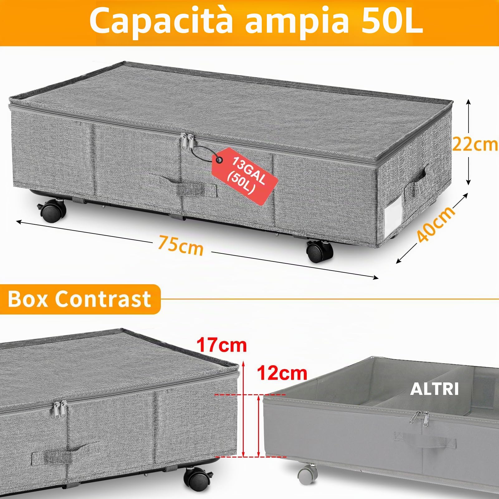 JUPELI Contenitori sotto il letto su ruote, organizer sotto il letto pieghevole extra large da 50L, confezione da 2 contenitori sotto il letto su ruote, scatole sotto il letto con coperchio rotanti