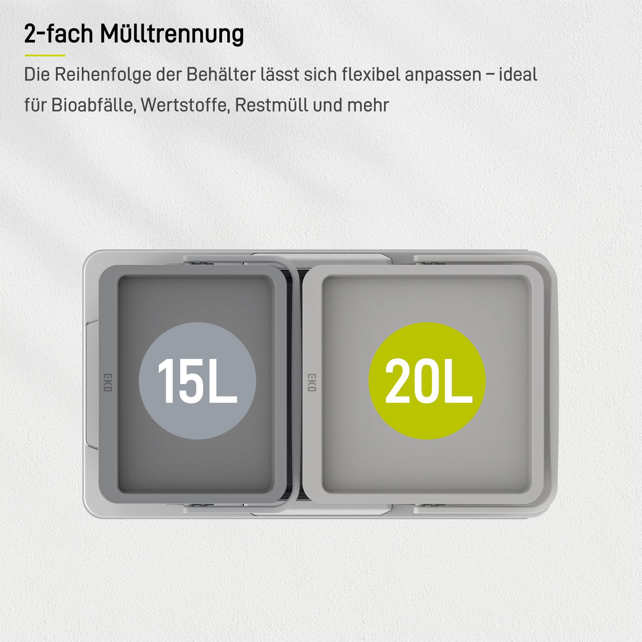 EKO DECO Mülleimer Küche Unterschrank, 20 L + 15 L, 2-fach Mülltrennsystem, ausziehbarer Mülleimer unter Spüle, Abfalleimer mit Deckel, Griff und Beutelhalter, platzsparend & leicht zu reinigen, Grau