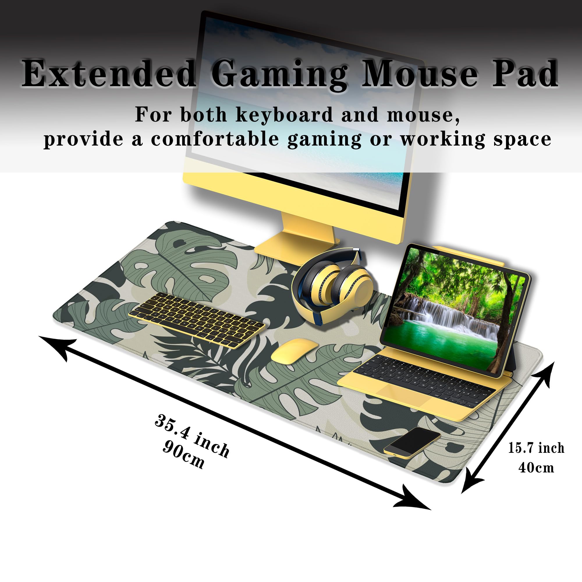 Alfombrilla de mouse grande larga para escritorio, teclado y juegos, base de goma antideslizante, impermeable, con bordes cosidos, 35.4 x 15.7 pulgadas, para oficina de juegos, hojas de