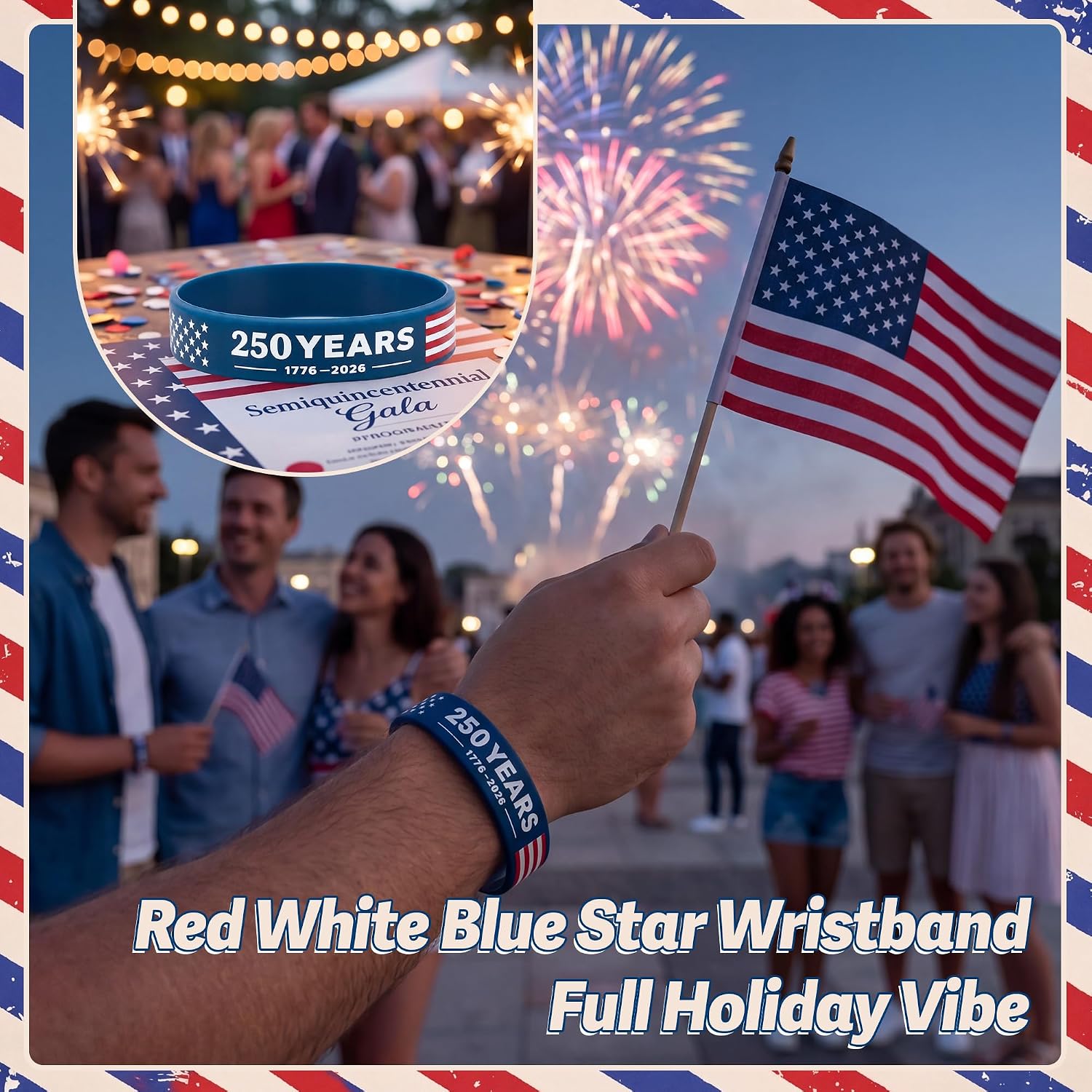 Zubebe 50 Pcs 250th 4th of July Wristband Bracelet Rubber American Flag Bracelet Bulk Military Silicone Wristband for Men Women Veteran Memorial Day Army Sport Fan Accessories Gift Party