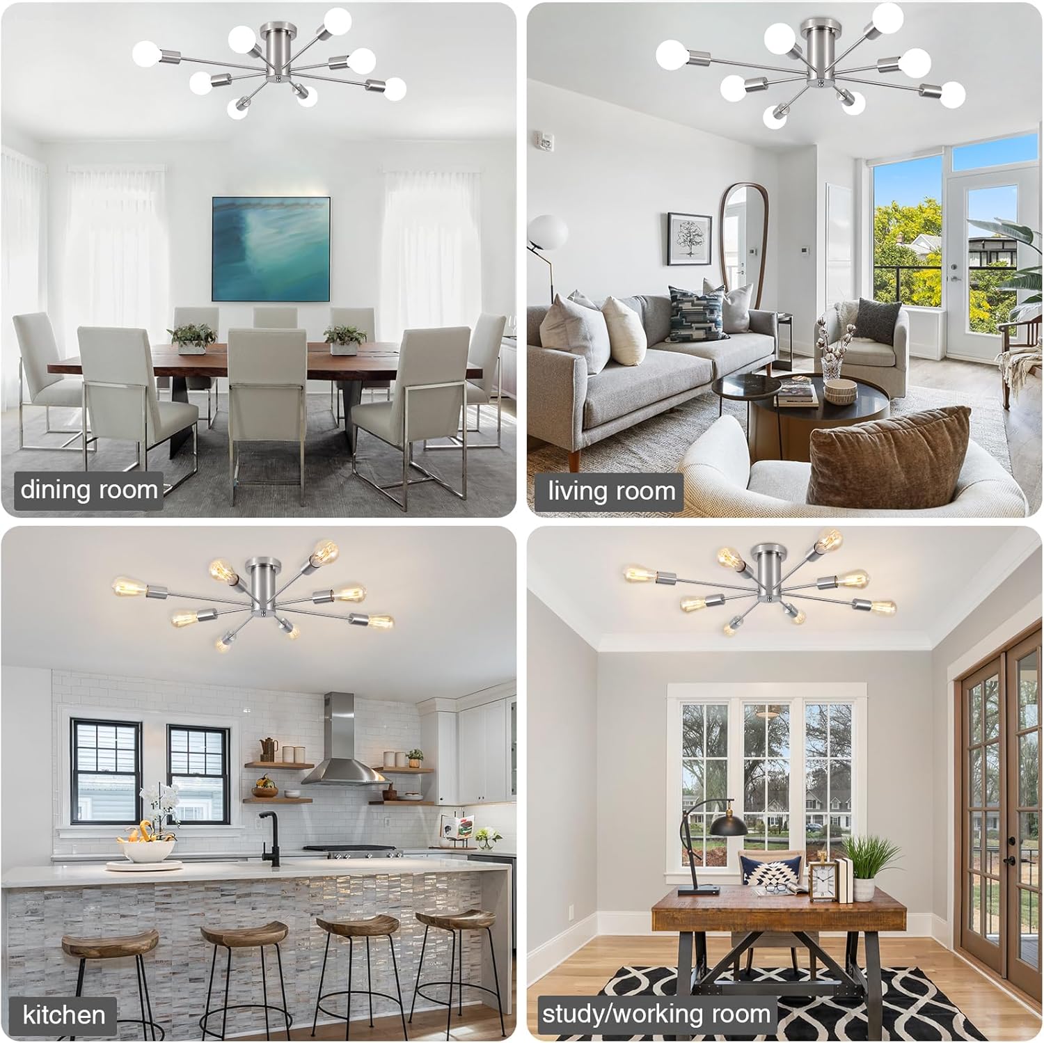 Nickel 8-Light Geometric Sputnik Semi Flush Mount Chandelier