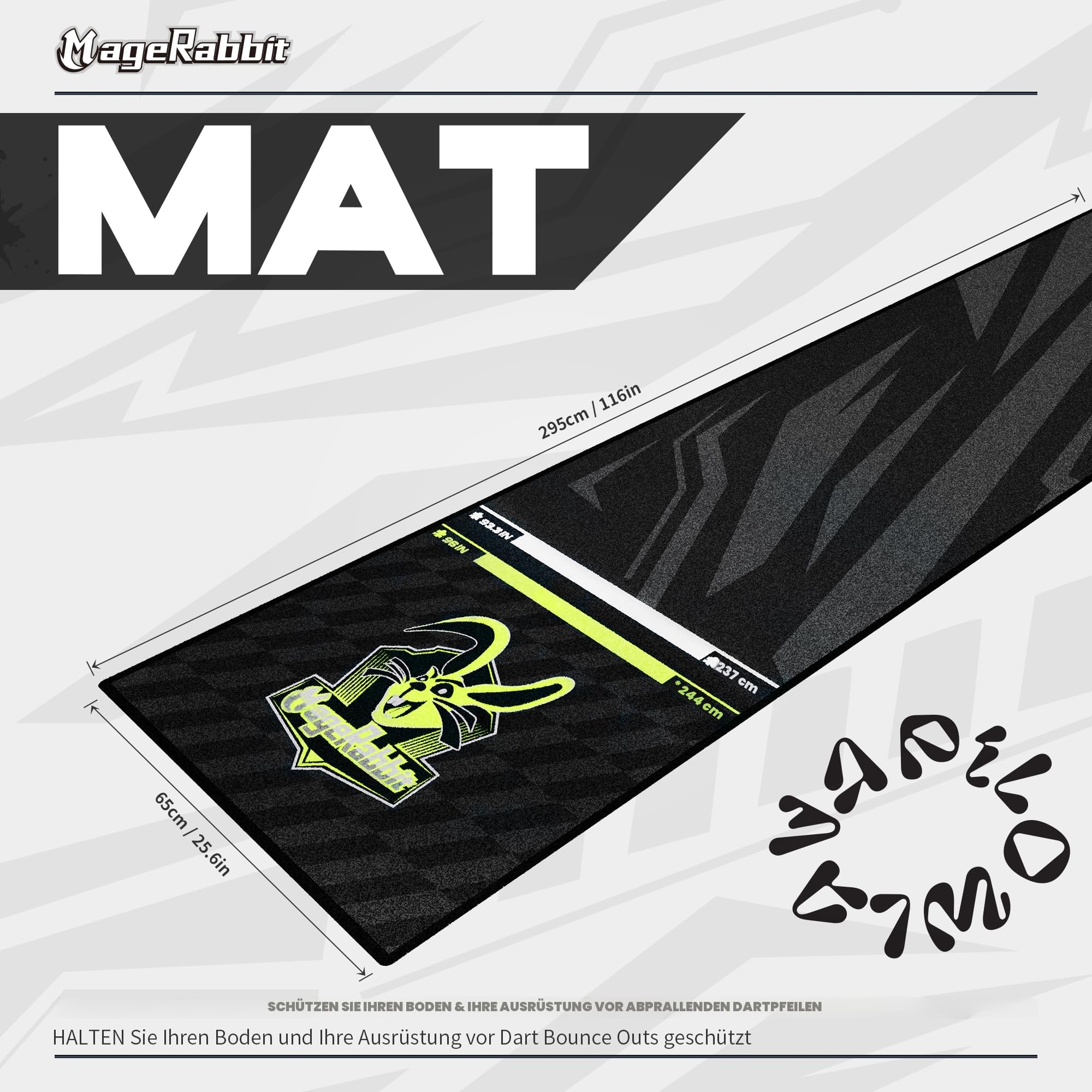 DartMatte 65x295cm,Dartteppich mit Abwurflinie,rutschfeste Teppichmatte für Boden und Dartspitzen Schutz,Dartteppich mit Oche,Dartscheibe Matte
