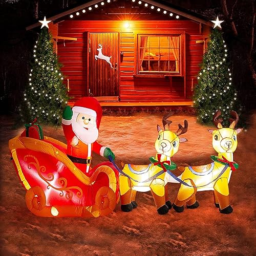 Vista 7 de Papá Noel inflable de Navidad de 8 pies de largo en trineo con 2 renos, decoración de patio inflable con luces LED para interiores y exteriores