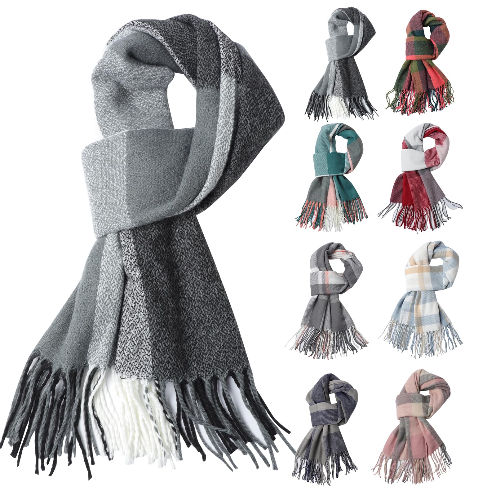 Fjquamitix Women's Dark Gray + Black + White Tartan Cashmere Scrarf, Scarves Wraps Winter Long Soft Warm Tassel Shawls Stole Gifts For (Dark Gray + Black + White)