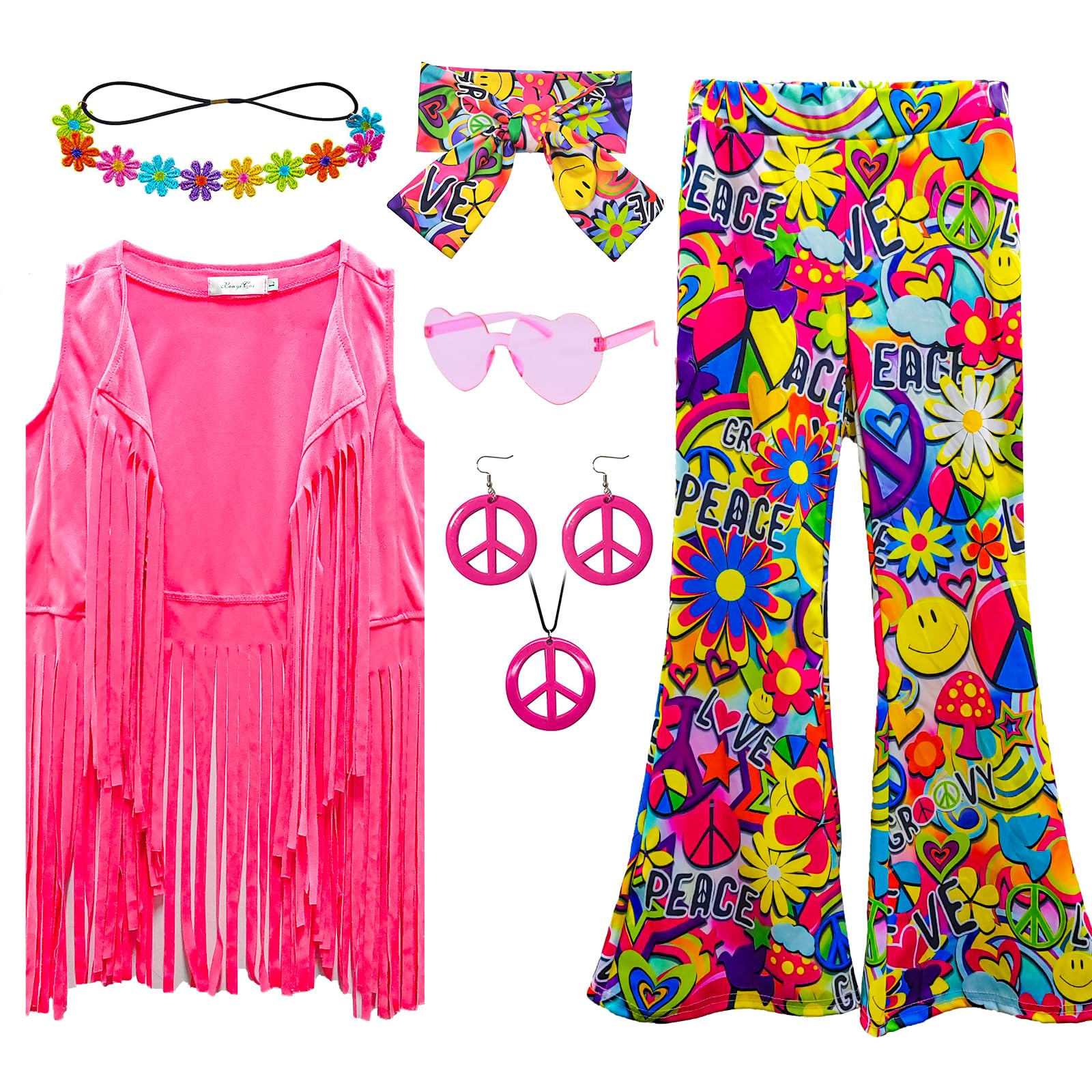 XonyiCos 8 Pcs Girls Kids 60s 70s Hippie Costume Disco Outfits Fringe Vest Boho Bell Bottoms Hippie Outfits Accessories Set