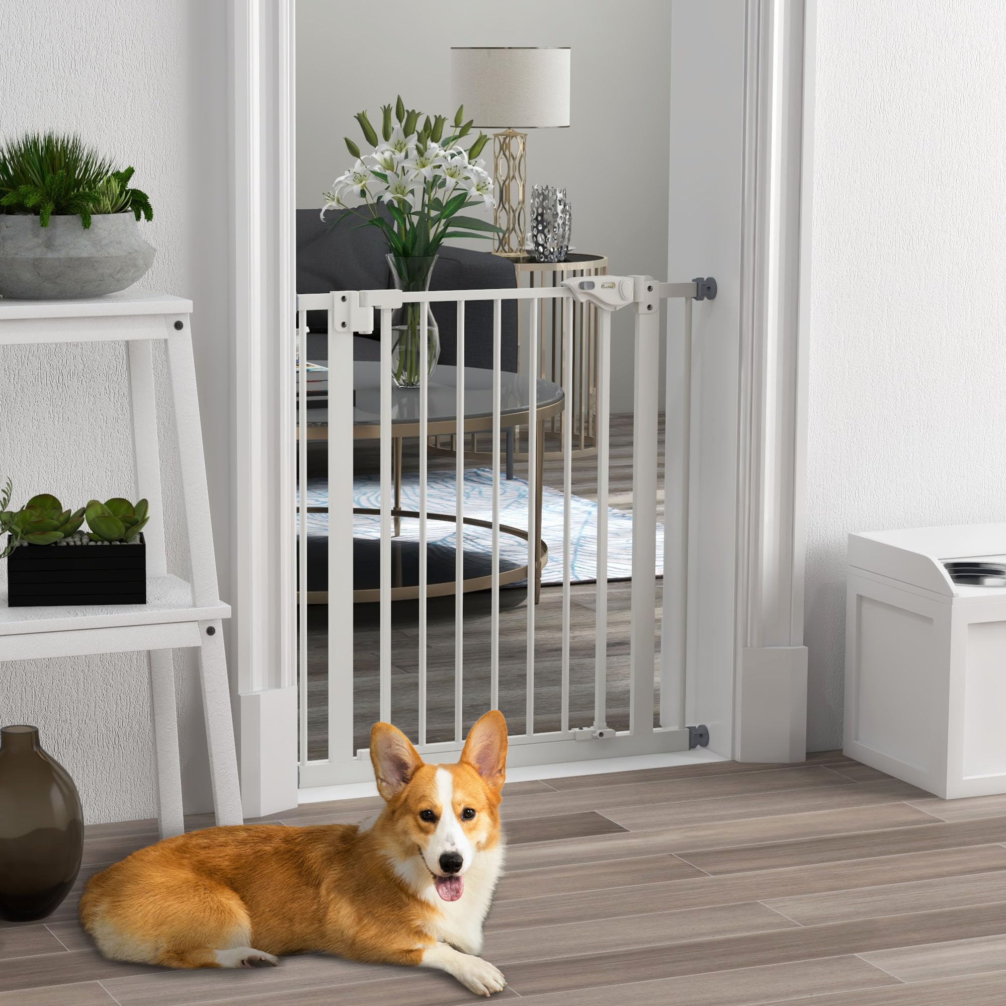 PawHut Puerta de Seguridad para Perros, Puerta de Barrera, 74-80 cm, Puerta de Seguridad de Escalera para Mascotas, Puerta para Perros, Puerta de Seguridad sin taladrar, Metal, plástico, Blanco | Reja de protección para escaleras, puerta y escalera, orien