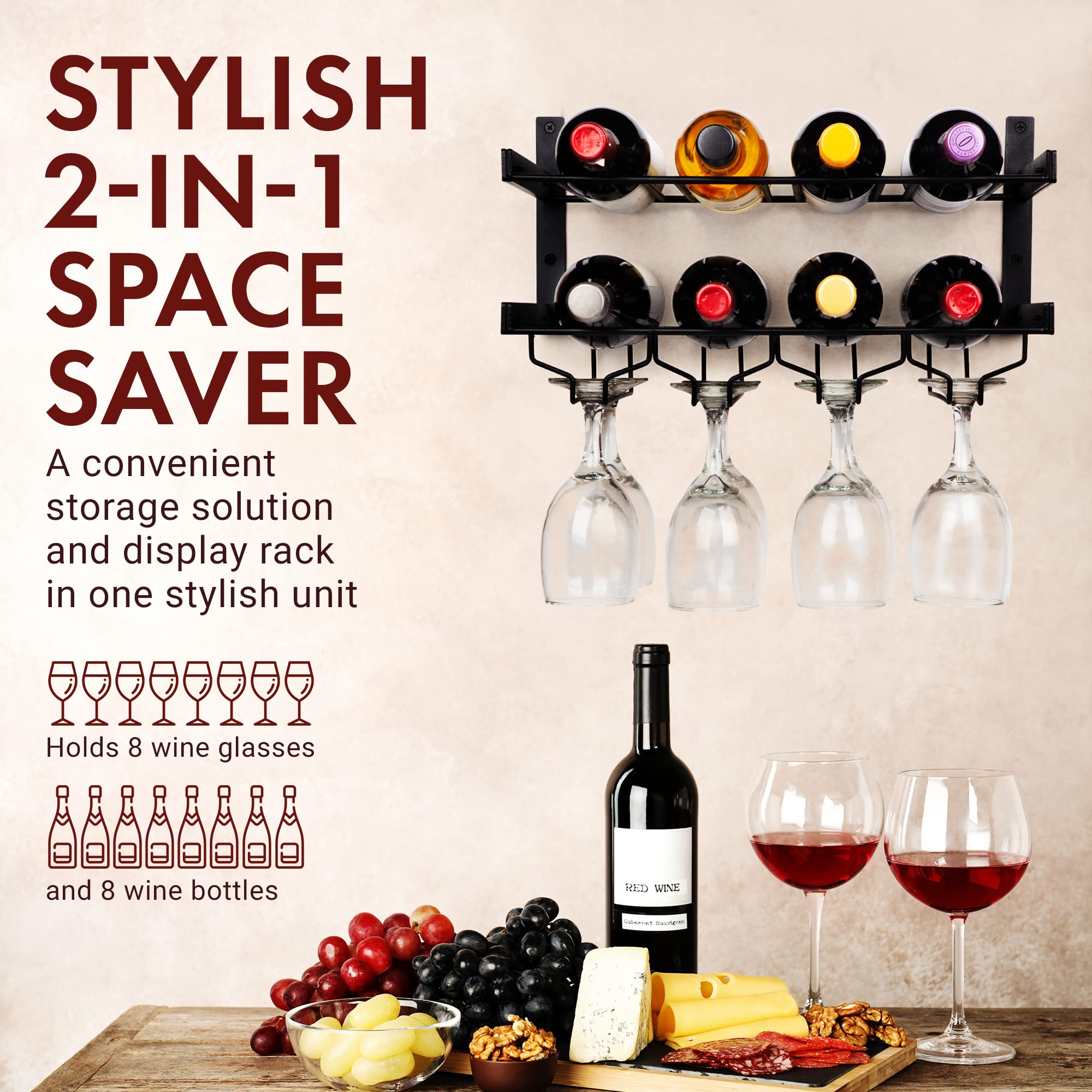 Industrial Wine Rack Wall Mounted with Wine Stemware Rack by Mildenhall - Horizontal Wine Bottle Glass Holder - Holds 8 x Glasses and 8 x Wine Bottles - Sturdy Carbon Steel Construction - 17 x 7.5 in