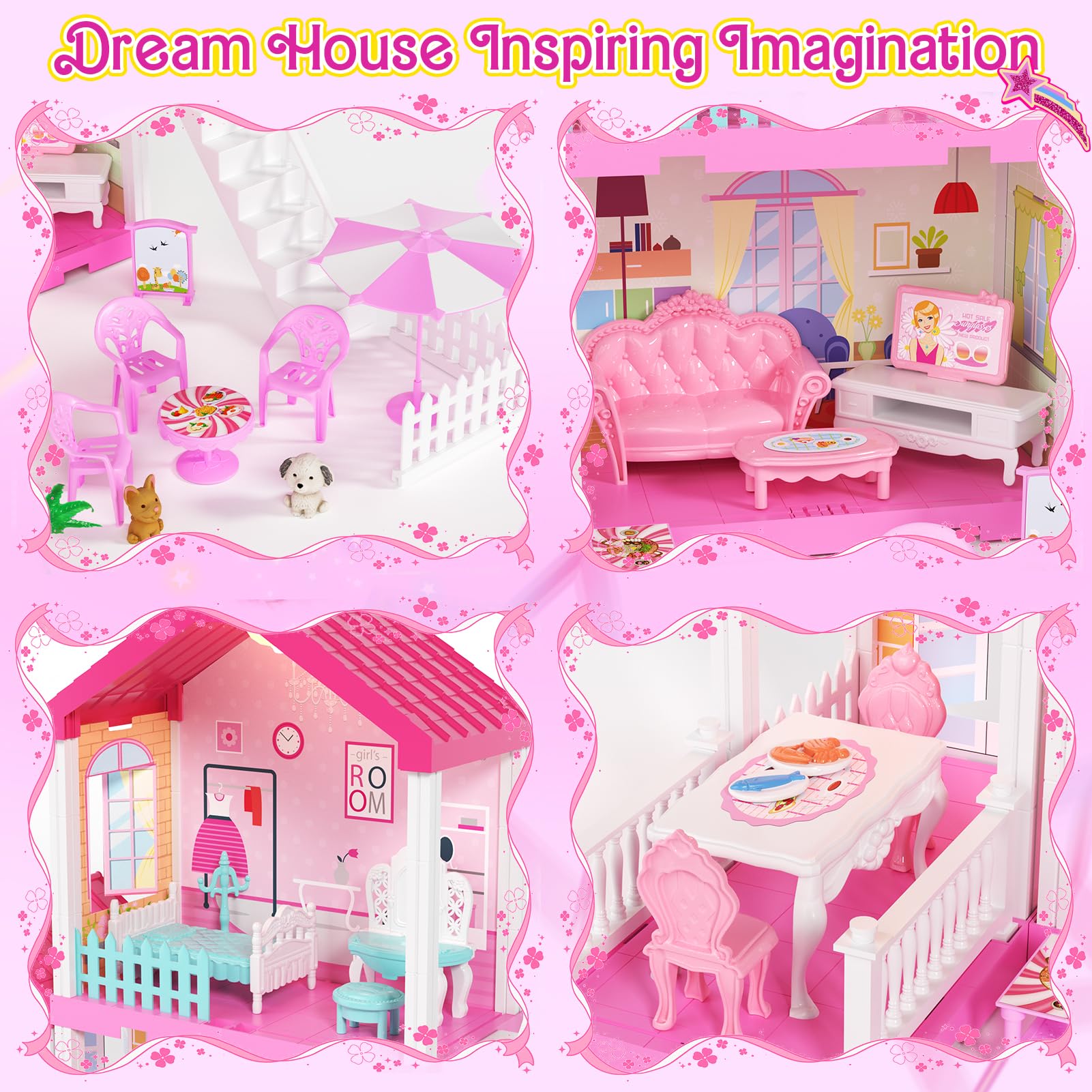 2 Piso Casa de Muñecas para Niñas con Muebles Casita de Muñecas DIY Juguetes Casa de Ensueño Miniatura Perros,Dormitorio,Comedor,Casa de Princesa de Regalo Juguete para Niños 3 4 5 6 Años