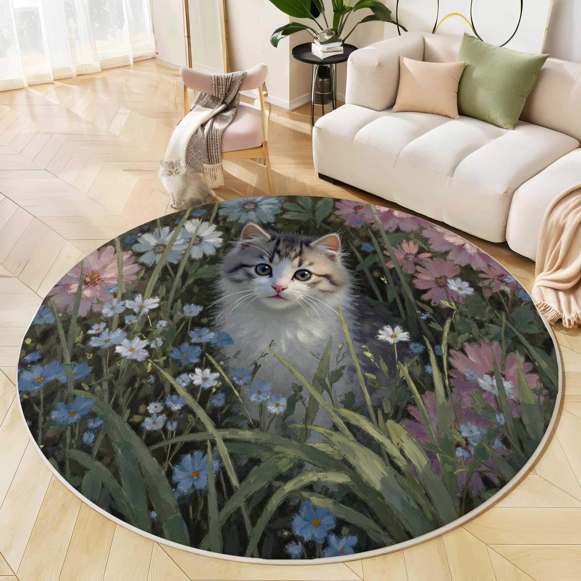 Tapis rond chat et fleurs de 100 cm lavable en machine pour une décoration verte de salon rustic