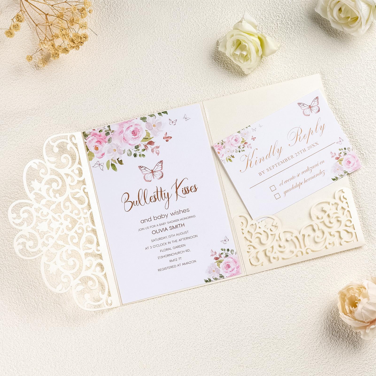 Crisjanggo 50Pcs Ivory Wedding Invitation Kits with Envelopes and RSVP Cards Laser Cut 5×7 Tri-Fold Personalized Birthday Invitations for Wedding