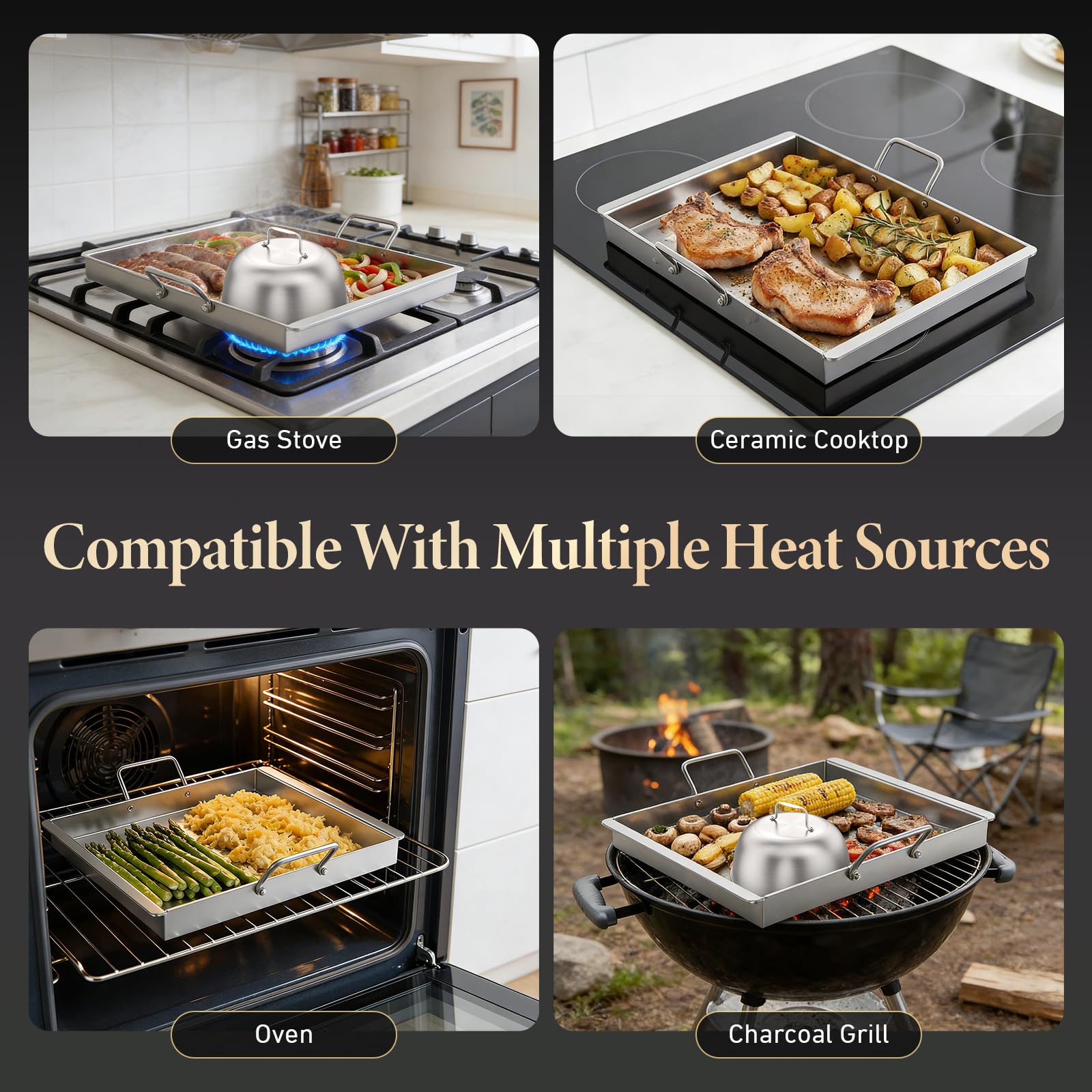 Universal Edelstahl Grillplatte 40x30 cm für Gasgrill - 4mm Massiv Plancha Set inkl. Burger Glocke, 2 Grillspachtel & Abnehmbare Griffe - BBQ Grillplatte für Weber, Enders, Kohlegrill & Backofen