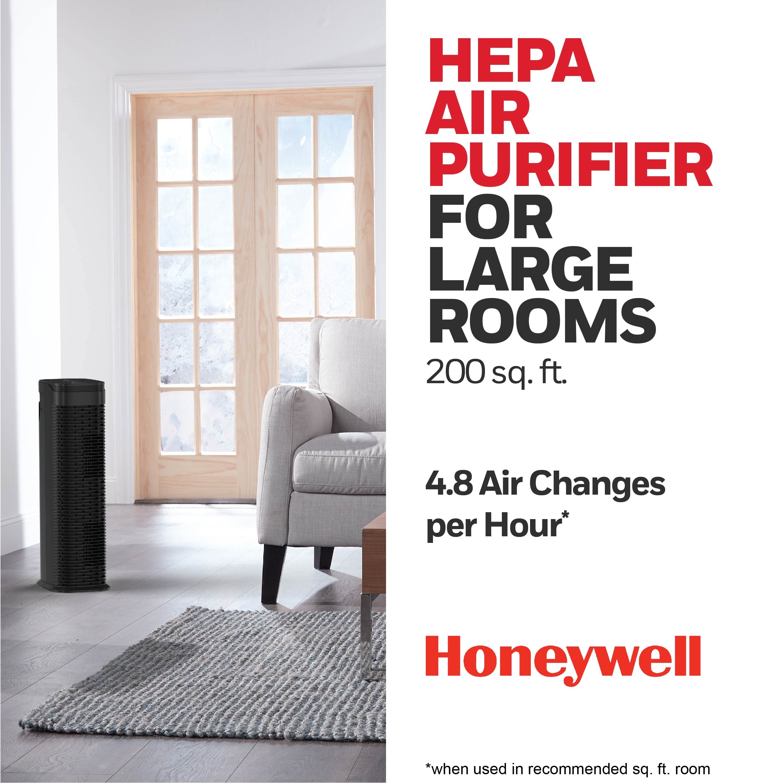 Honeywell HEPA Air Purifier for Home, 990Ft² Rooms in 1 hour, Reduces Allergens Dust, Pollen, Pet Dander, Odors, All Smoke Types, Tower, Black, HPA175