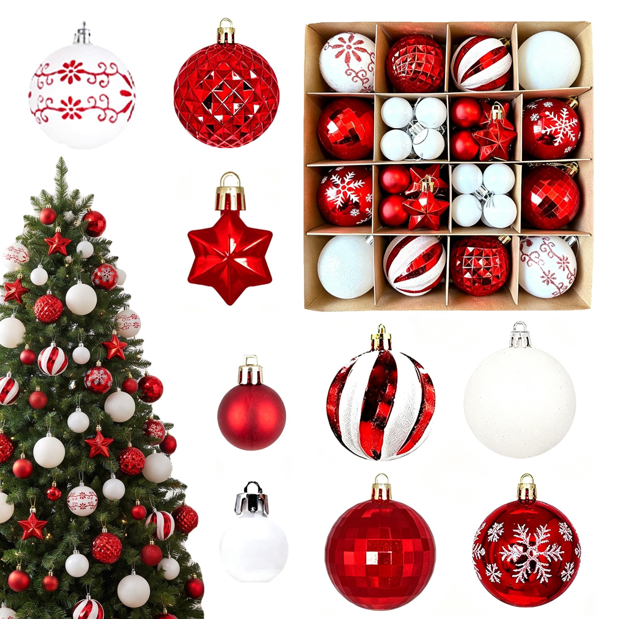 44Pcs Red & White Christmas Baubles, Xmas Hanging Tree Decor Ornaments