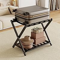 Vista 1 de Portaequipajes negro totalmente montado para habitación de invitados, soporte plegable de bambú para maleta con 5 correas de nailon, soporte