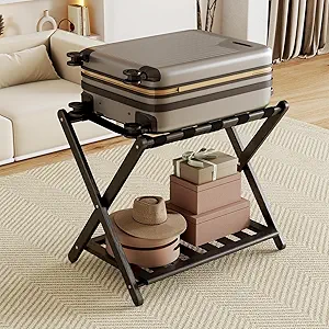 Fully Assembled Black Luggage Rack for Guest Room, Bamboo Foldable Suitcase Stand with 5 Nylon Straps, Upgraded Luggage Rack Holder with Shelf for Bedroom Hotel, Holds up to 165 Lbs, 1pcs