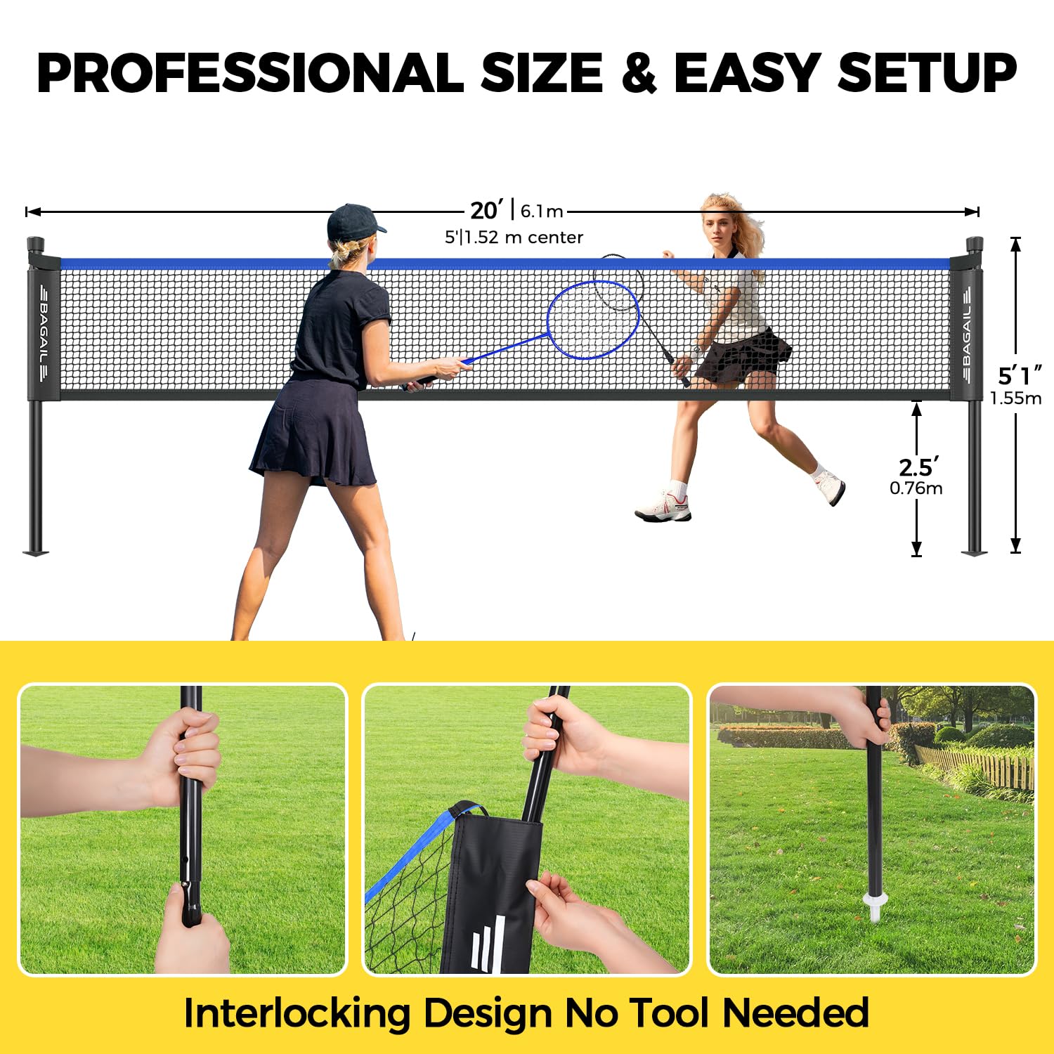 BAGAIL Set di reti da Badminton per esterni-Dimensioni 20ft x 5ft, 4 Racchette, 3 palline da Badminton, rete in PE resistente e borsa per il trasporto per il cortile, la Spiaggia e Giochi in Famiglia