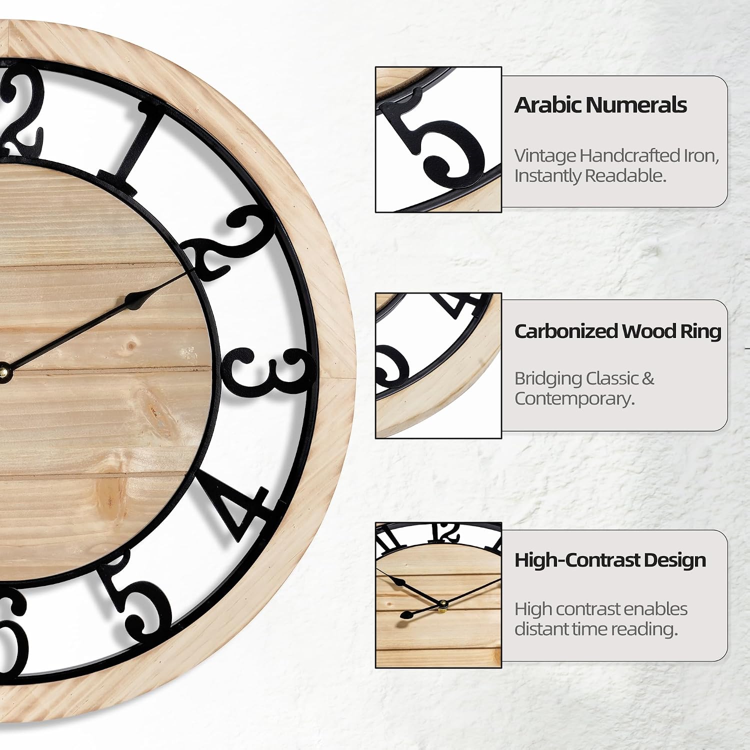 leike 30 inch extra large wall clock - rustic wooden nearly silent wall clock with black metal frame, vintage farmhouse decorative for living room, bedroom, kitchen - arabic numerals, modern design 30 inch arabic numerals