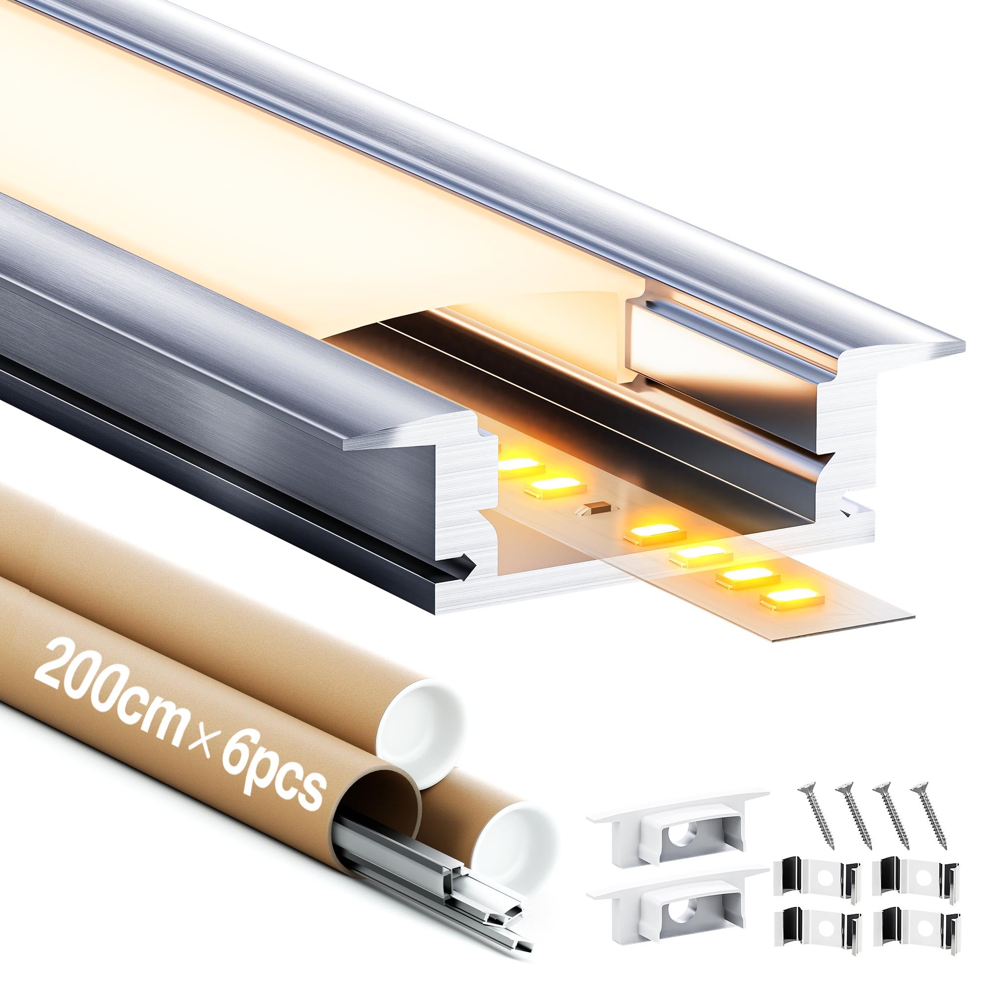 Perfil Aluminio Tira LED 2m (6 Unidades), Perfil LED con Difusor LED Opaco, Canaleta Tira LED para Tiras de Hasta 12mm, Incluye Tapas y Clips de Montaje - Tamaño 24.7 × 7mm (6*2M(Total 12M))