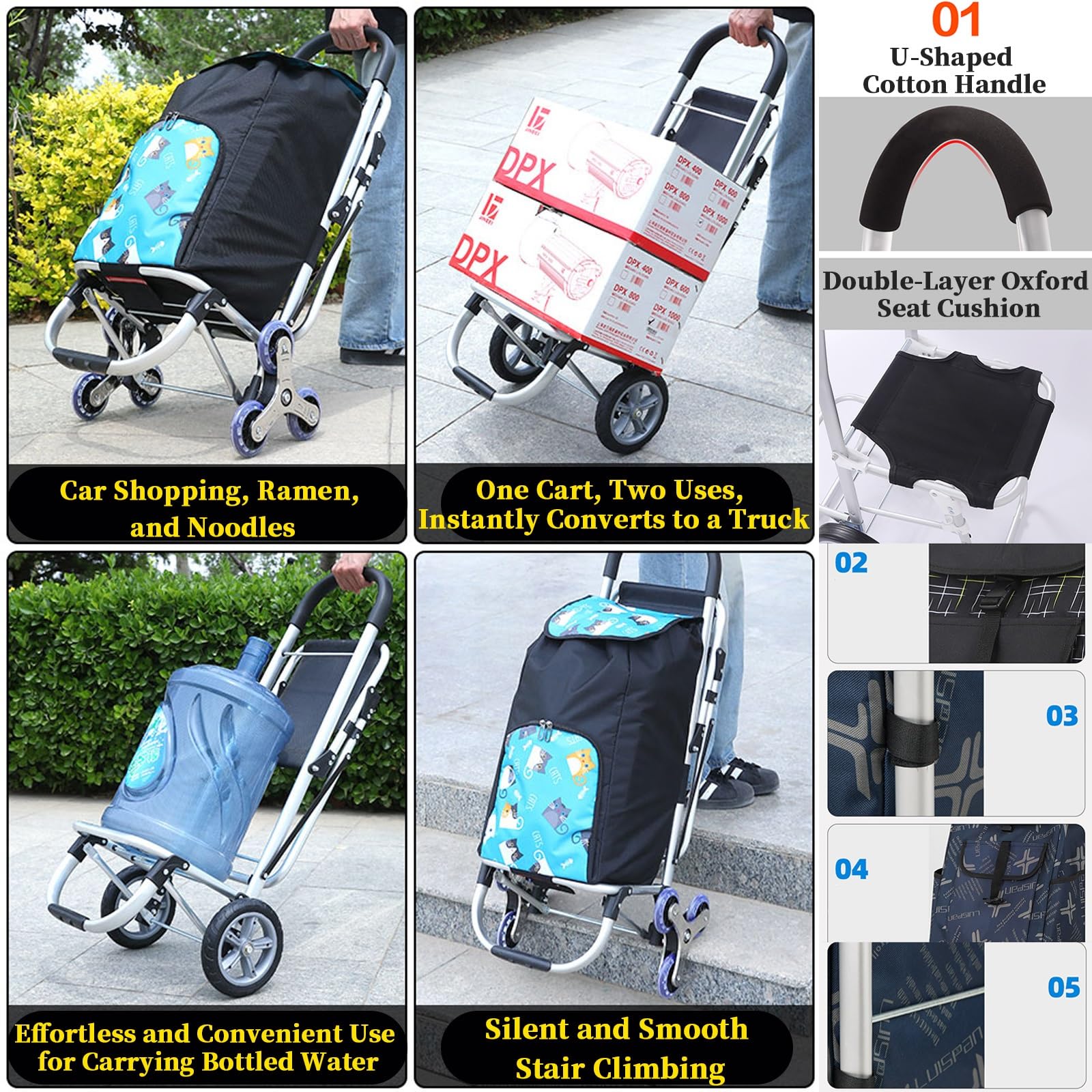 Zusammenklappbarer Einkaufswagen mit Sitz, kompakter Einkaufswagen, Treppensteig-Design, 100 kg Kapazität, leichter Allzweckwagen für Senioren, tragbar und faltbar, schwarzes Rad