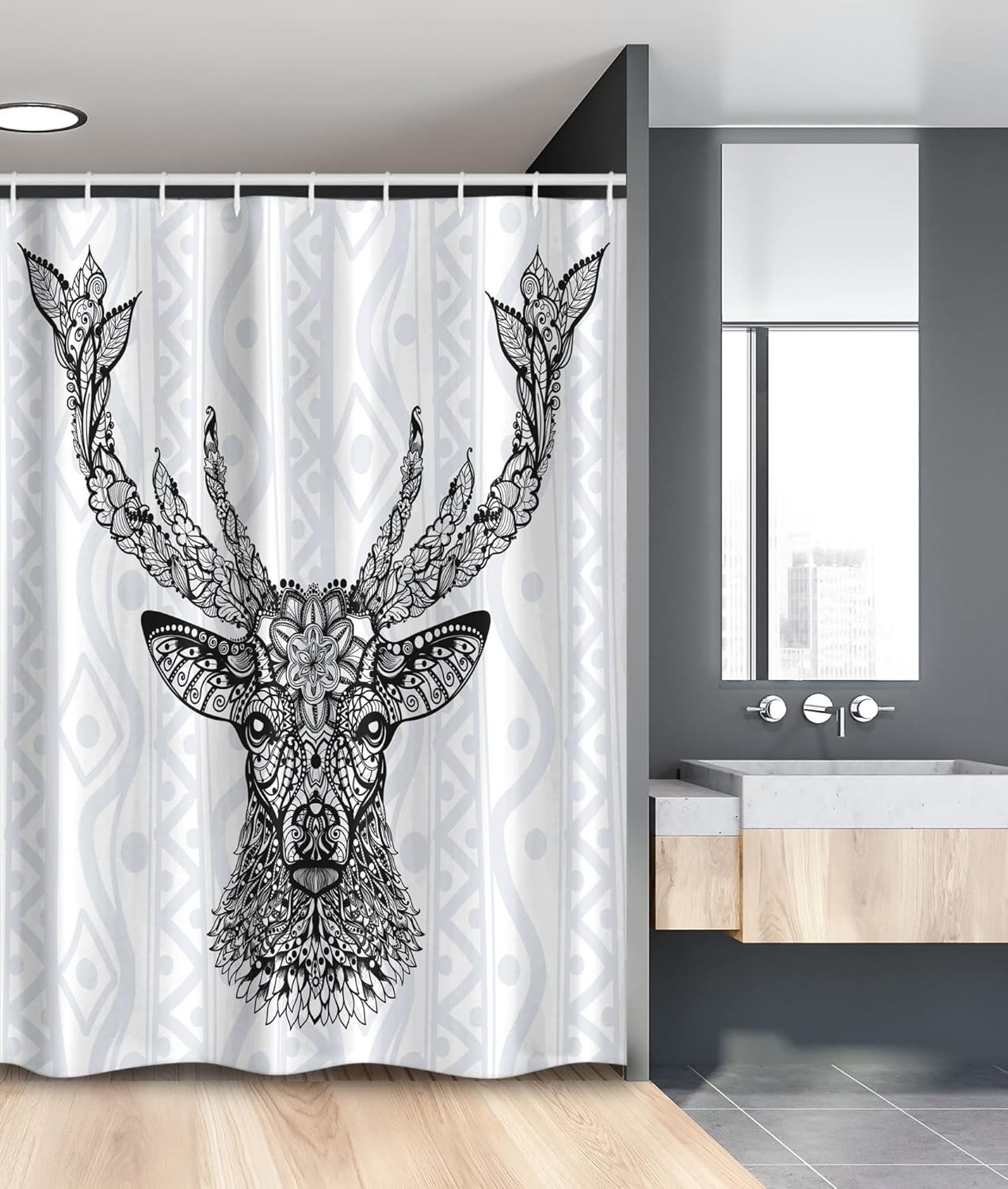 Ambesonne Deer Stall Shower Curtain, Aboriginal Floral Polynesian Deer Pattern Mammal Boho Design, Fabric Bathroom Decor Set with Hooks, 54" W x 78" L, Black White