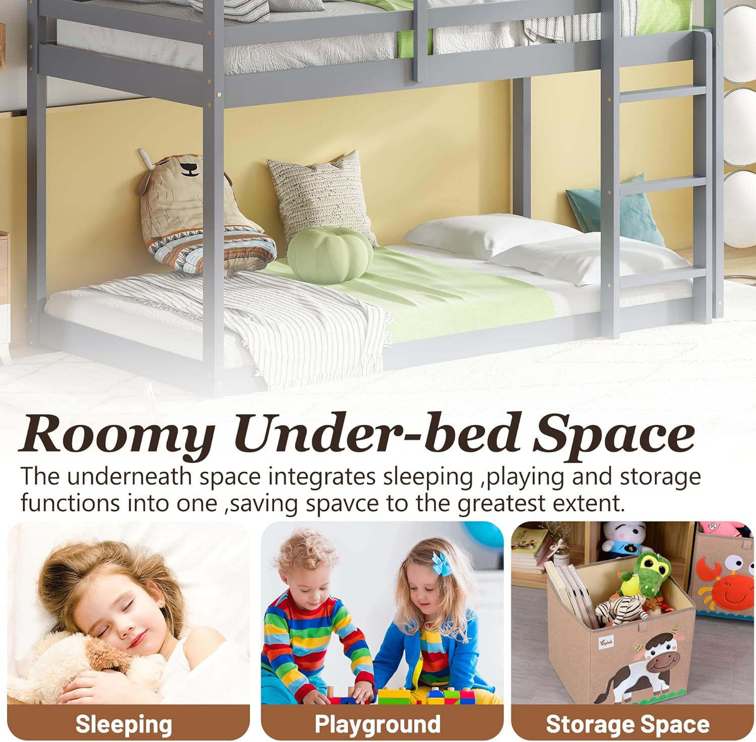 House Bunk Beds Twin Over Twin,Rubber Wood Tree House Bunk Bed for Kids,Floor Bunk Bed Frame with Roof and Guardrails for Baby Girls Boys,Grey