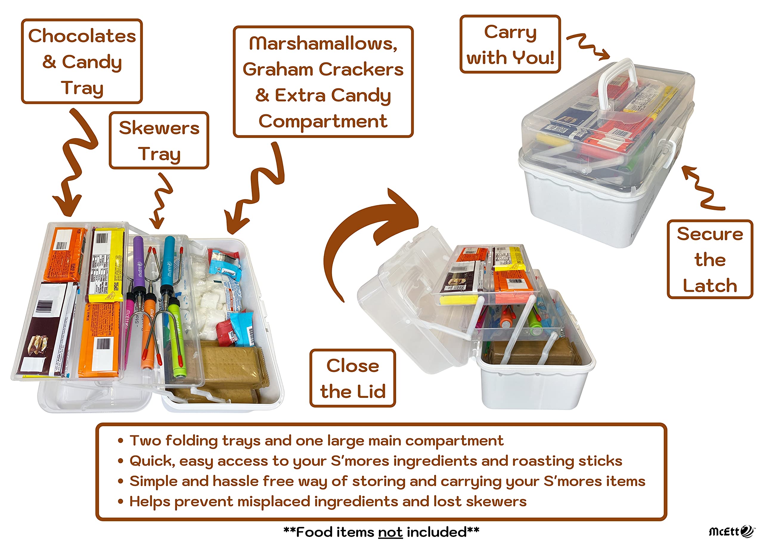 McEtt Smores Caddy - Multi-Tray S'mores Storage Box (Roasting Sticks ARE Included) & Fun Smores Stickers - Hold Marshmallows, Chocolate, Crackers, Candy, & Skewers - Camping & Campfire Accessories Kit