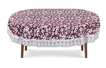 The Furnishing Tree Waterproof PVC Oval Shaped Center Table Cover WxL 40x60 inches Floral Pattern Purple with White Border lace