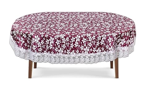 The Furnishing Tree Waterproof PVC Oval Shaped 4 to 6 Seater Table Cover WxL 54x78 inches Floral Pattern Purple with White Border lace